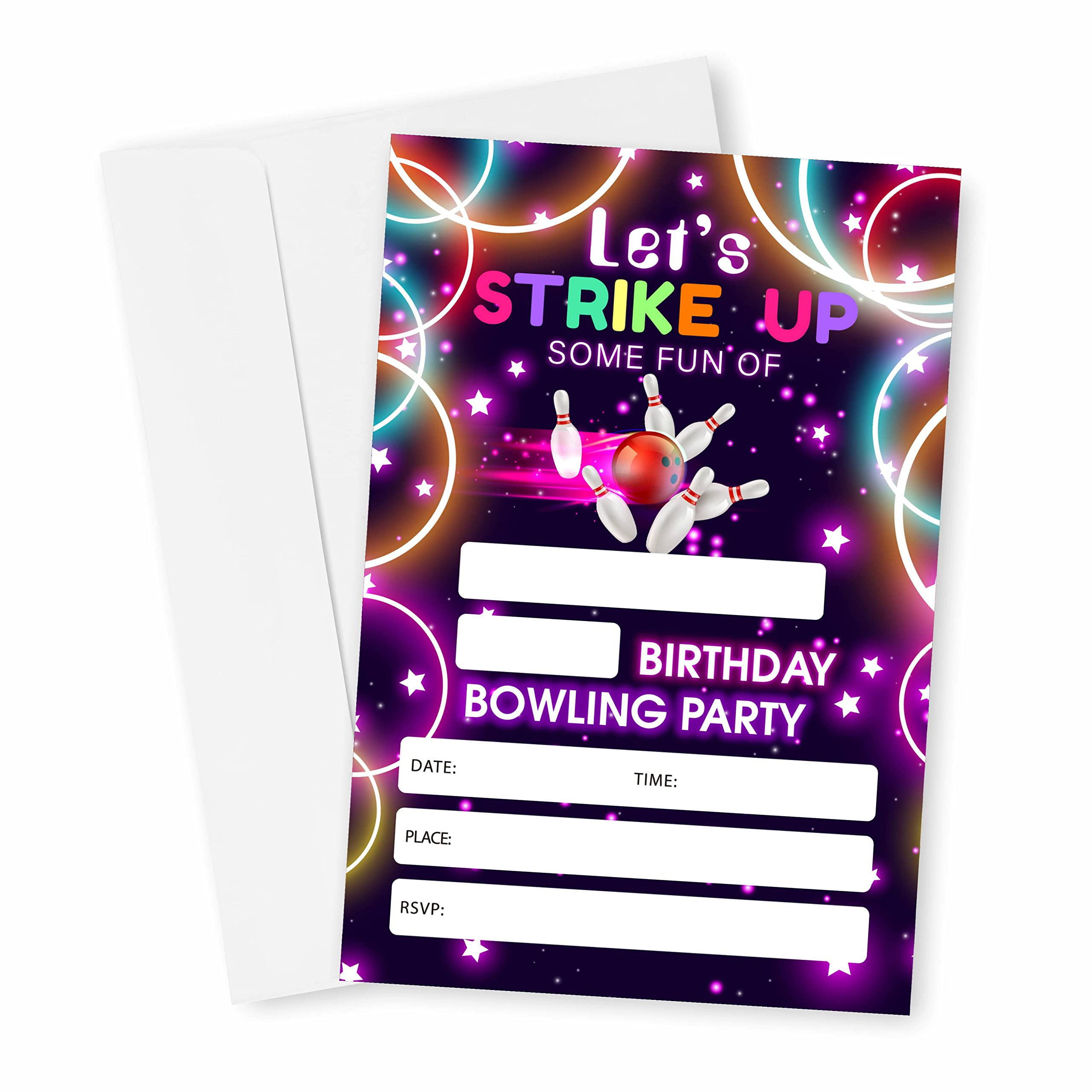 Bowling Birthday Invitations, Let's Strike Up Some Fun Birthday Party Invites Decorations, Kids Adults Birthday Party and Events Supplies, 20 Fill-in Invites Cards with Matching Envelopes（YQK-028）