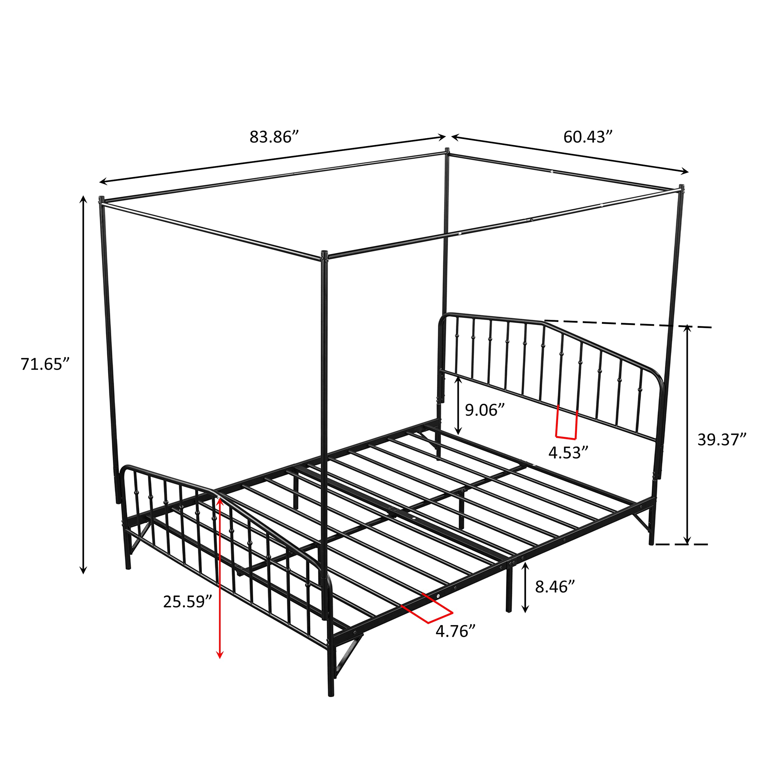 Tensun Detachable Queen Anti-Noise Platform Metal Canopy Bed with Headboard,Black