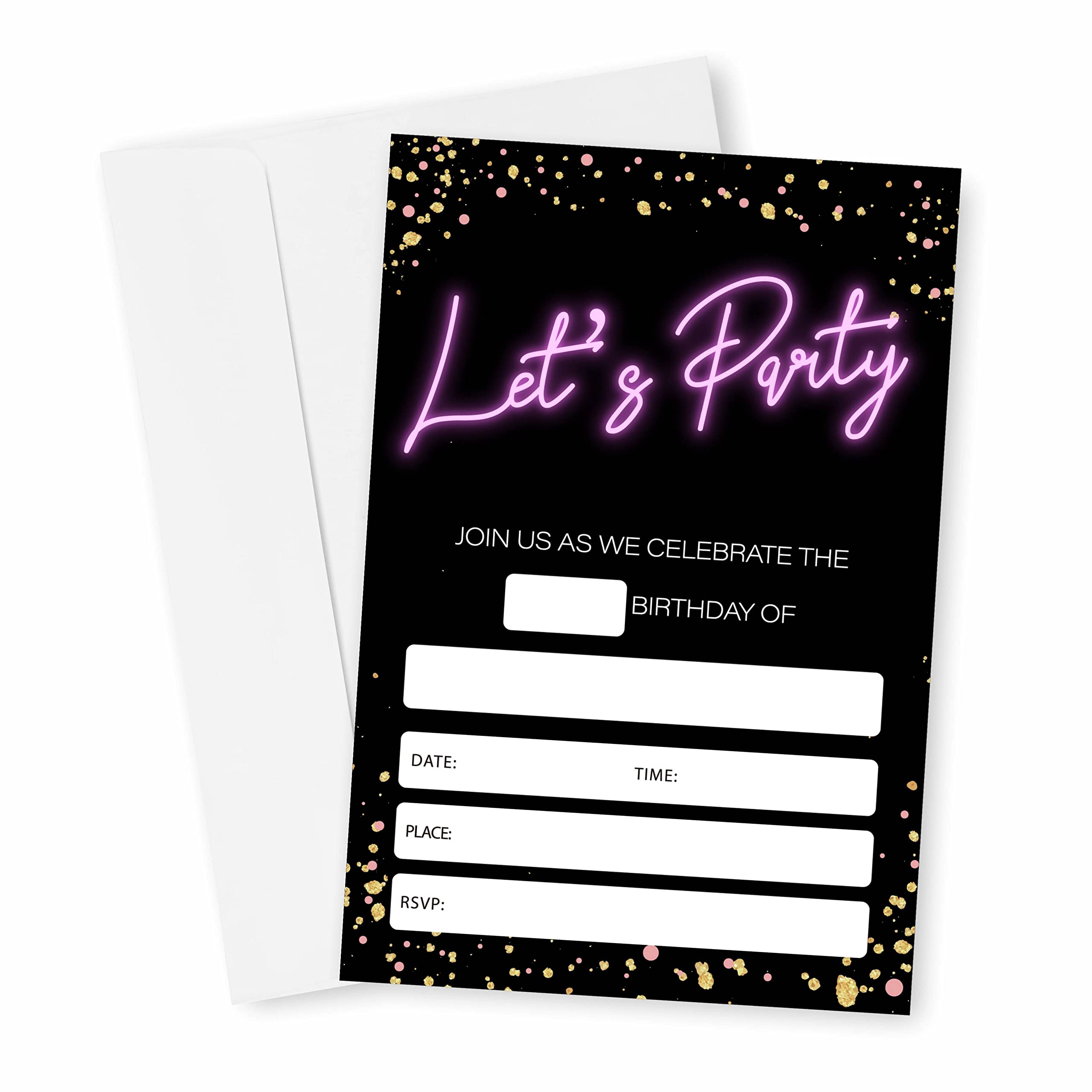 Neon Birthday Invitations, Glow Theme Birthday Party Invites Decorations, Kids Adults Birthday Party and Events Supplies, 20 Fill-in Invites Cards with Matching Envelopes（YQK-024）