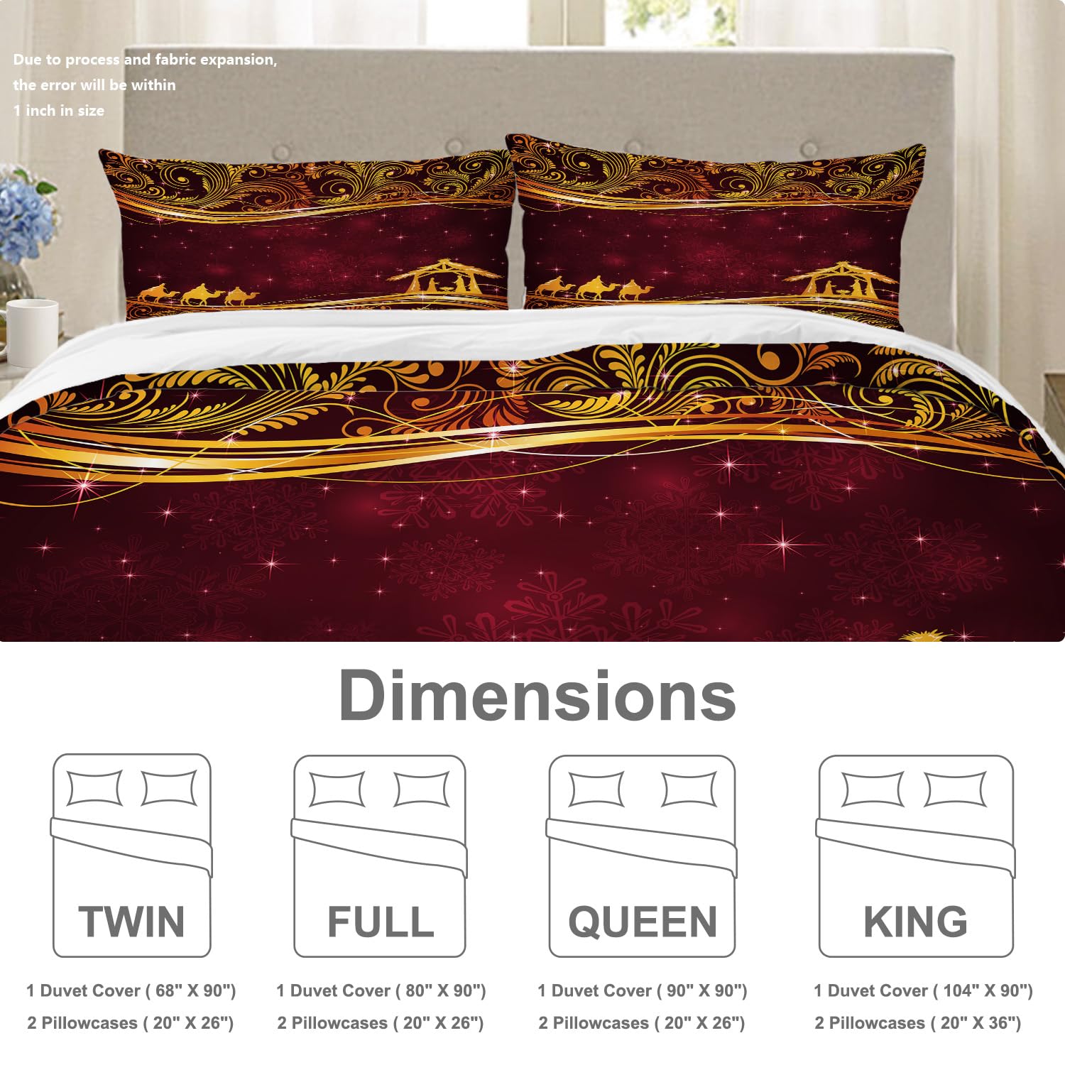 BaoNews Christmas Wise Men Duvet Cover Set Queen Size,3 Pieces Golden Star of Bethlehem Golden Floral Bedding Set Hotel Quality 100% Cotton Comforter Cover Set with 2 Pillowcases(No Filler)