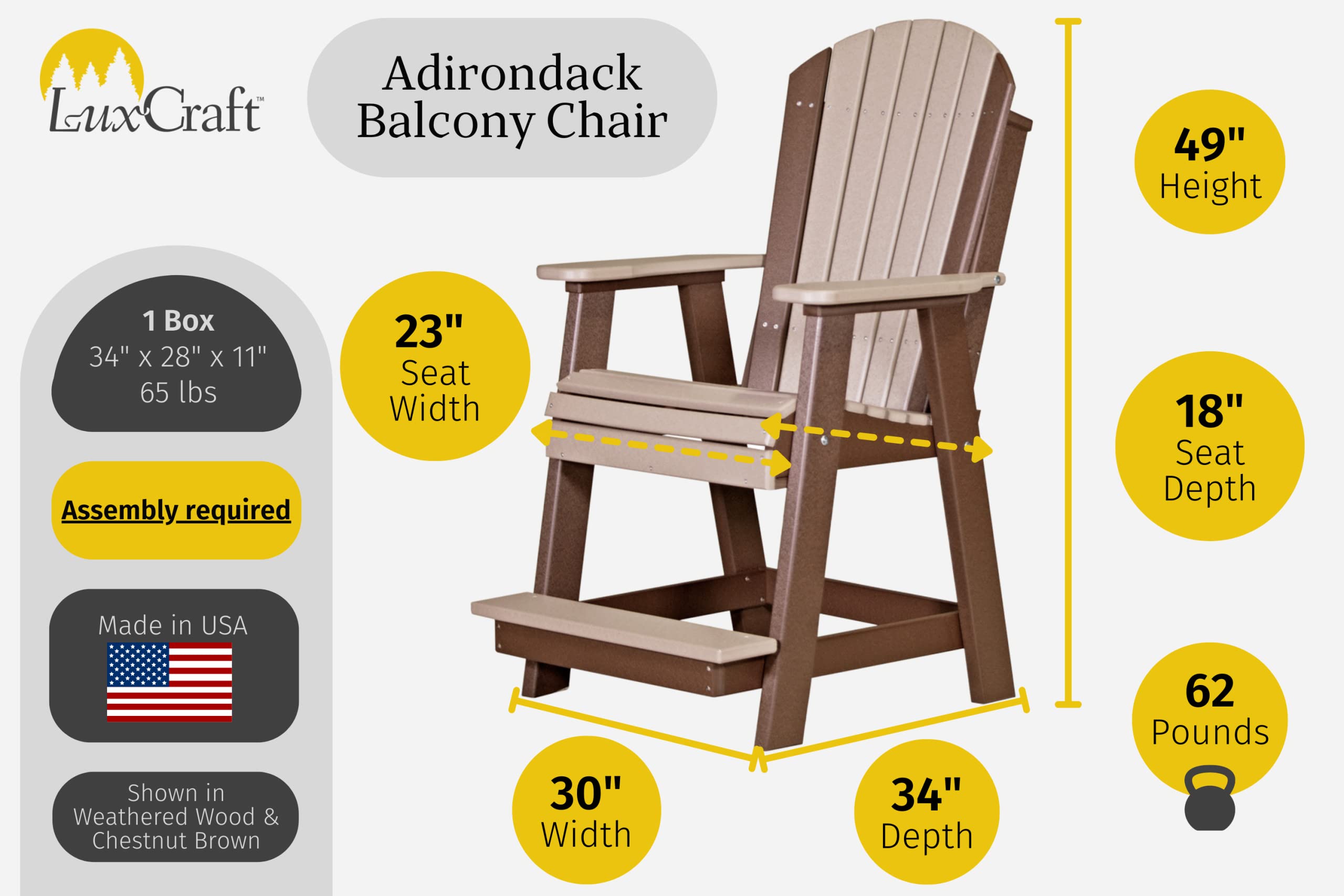 LuxCraft Plastic Poly Adirondack Balcony Chair with Built-in Footrest, Counter Height Outdoor Patio Dining Chair (Weatherwood & Chestnut Brown)