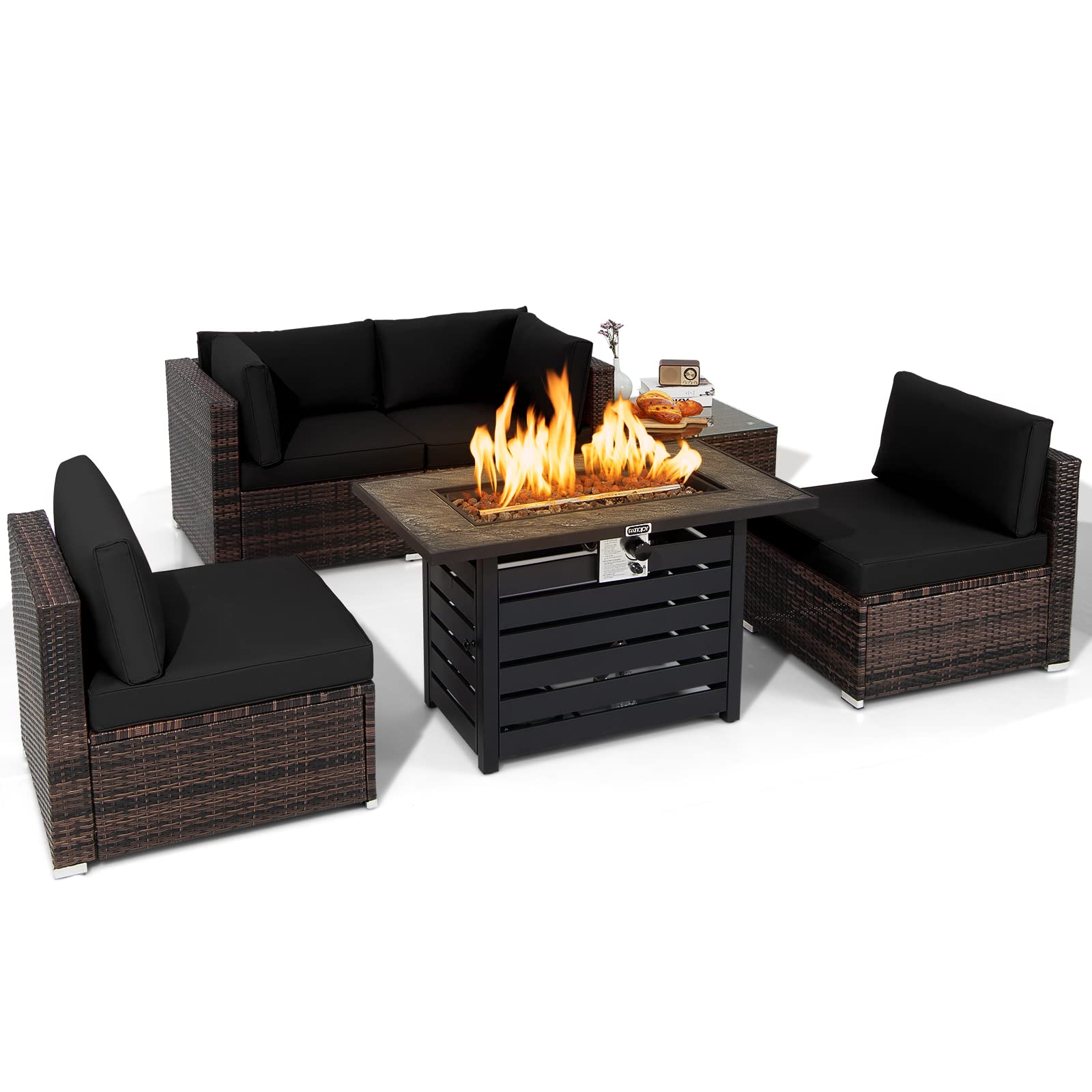 Tangkula 6-Piece Patio Furniture Set with 42 Inches Propane Fire Pit Table, Outdoor Wicker Conversation Set with Cushions and Tempered Glass Coffee Table, 50,000 BTU Gas Fire Pit Table (Black)