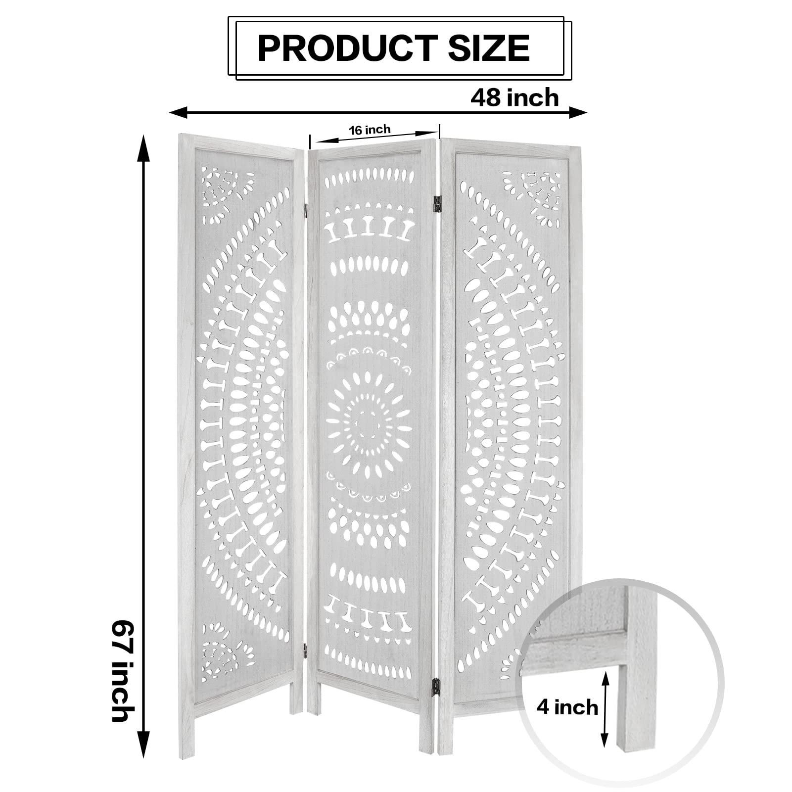 ECOMEX 3 Panel Wood Room Dividers Fully Assembled 5.6Ft Carved Room Dividers and Folding Screens Room Divider Screen Wood Freestanding Partition for Home Bedroom Office Restaurant, Retro White