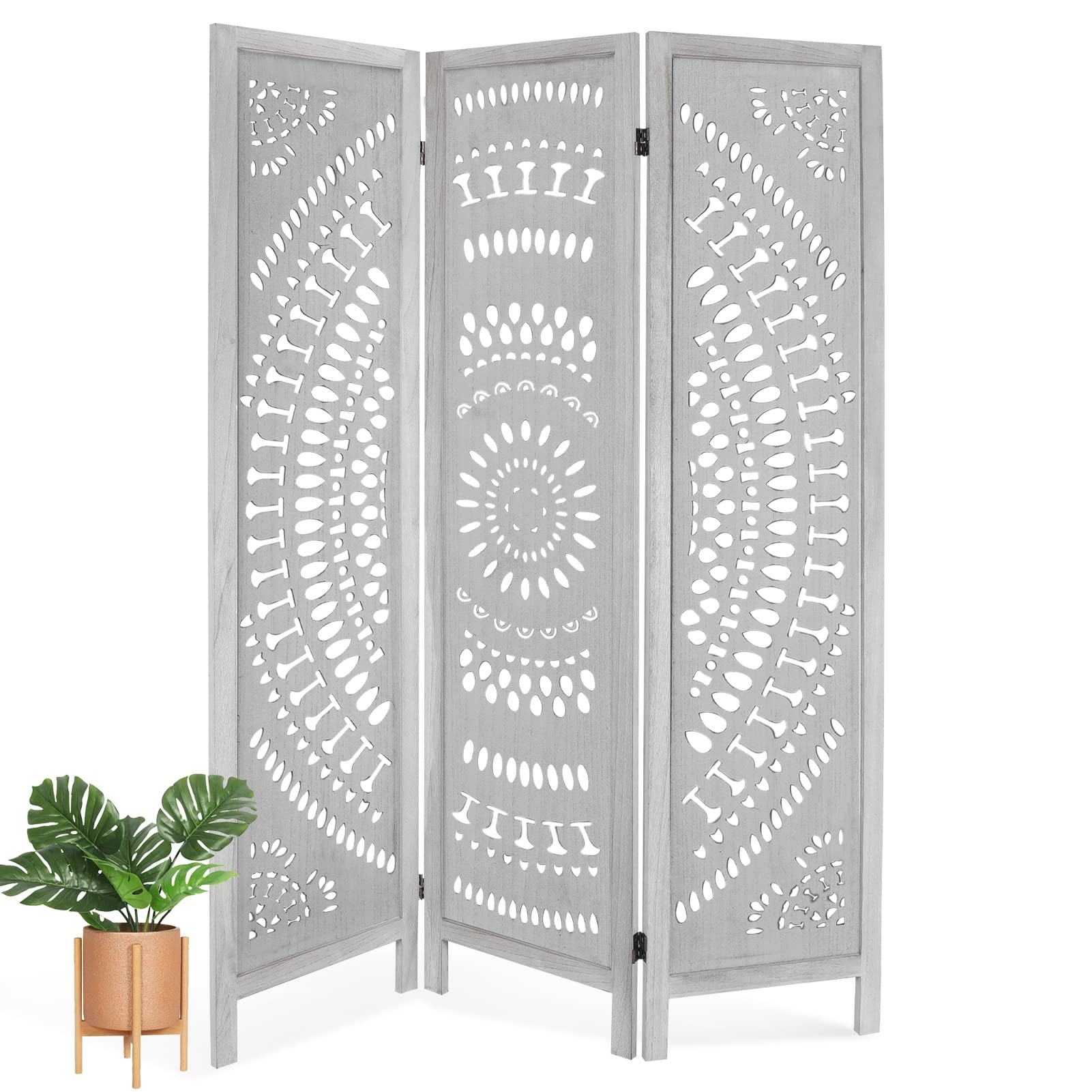 ECOMEX 3 Panel Wood Room Dividers Fully Assembled 5.6Ft Carved Room Dividers and Folding Screens Room Divider Screen Wood Freestanding Partition for Home Bedroom Office Restaurant, Retro White