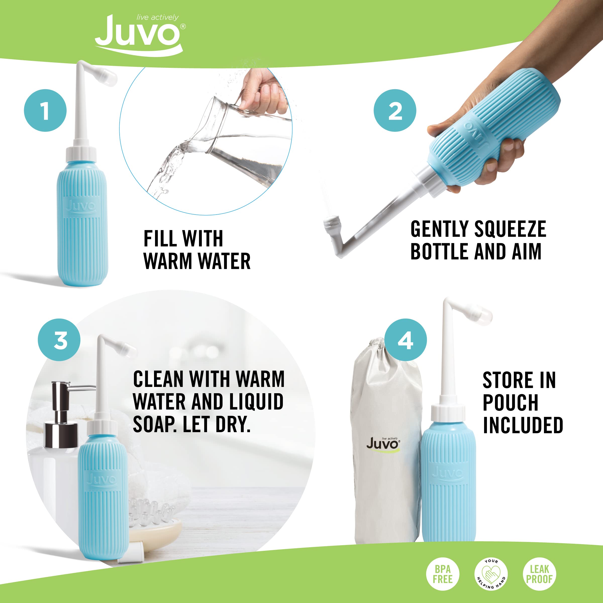 Juvo Peri Bottle Kit | Portable Travel Bidet, Handheld Squeeze Bottle with 2 Spray Nozzles, Cap and Storage Bag, Upside Down Use, 13.5 oz, Blue, 1-Pack