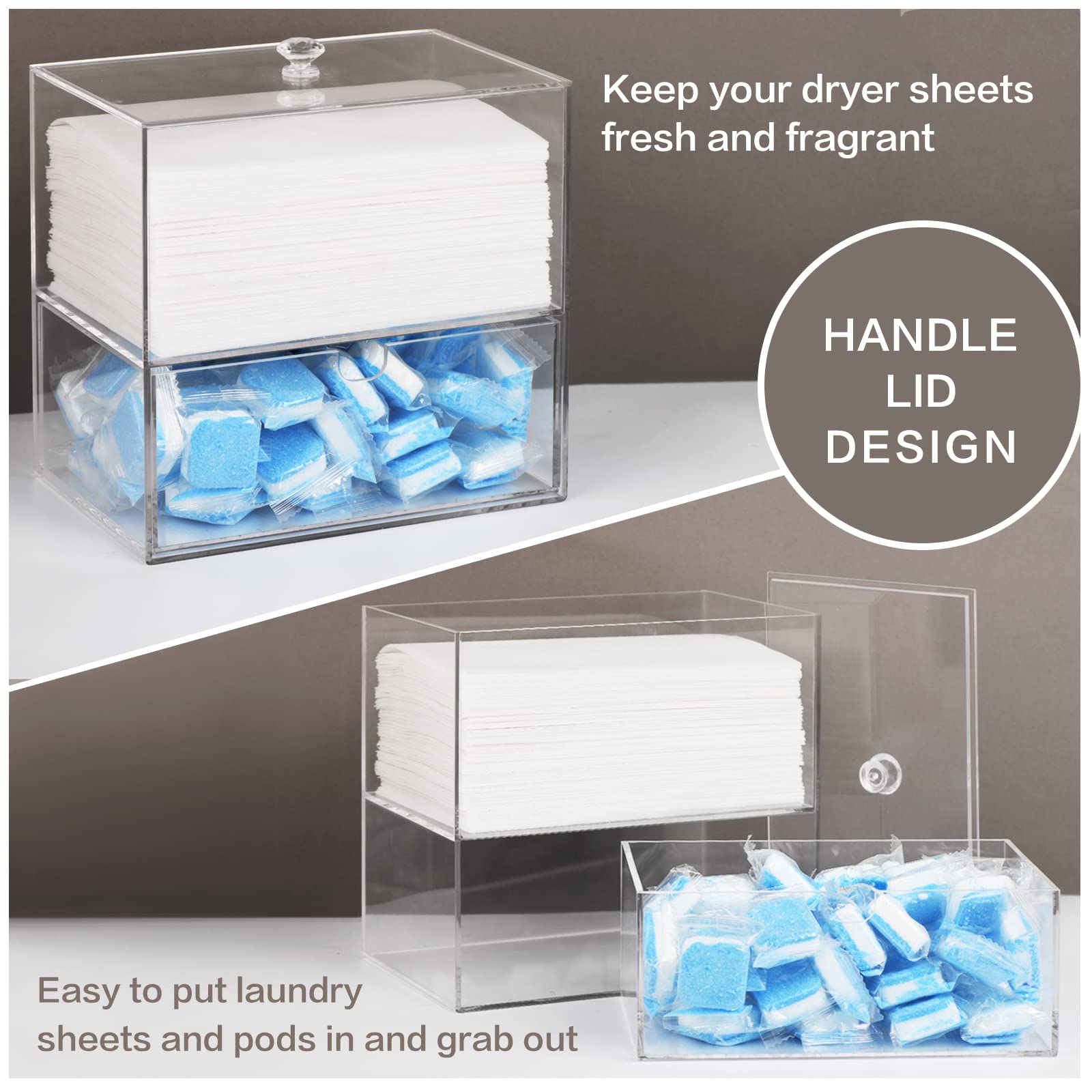 Dryer Sheet Holder, Dispenser, Acrylic Dryer Sheet Container Box for Laundry Room Organization, Storage Dryer and Fabric Sheet, Dryer Balls, Clothes Pins, Laundry Pods