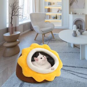 Cat Beds for Indoor Cats - Small Cat Bed with Anti-Slip Bottom, Sunflower-Shaped Cat/Dog Cave with Hanging Toy, Puppy Bed with Removable Cotton Pad, Super Soft Calming, Multiple Sizes(brownM)