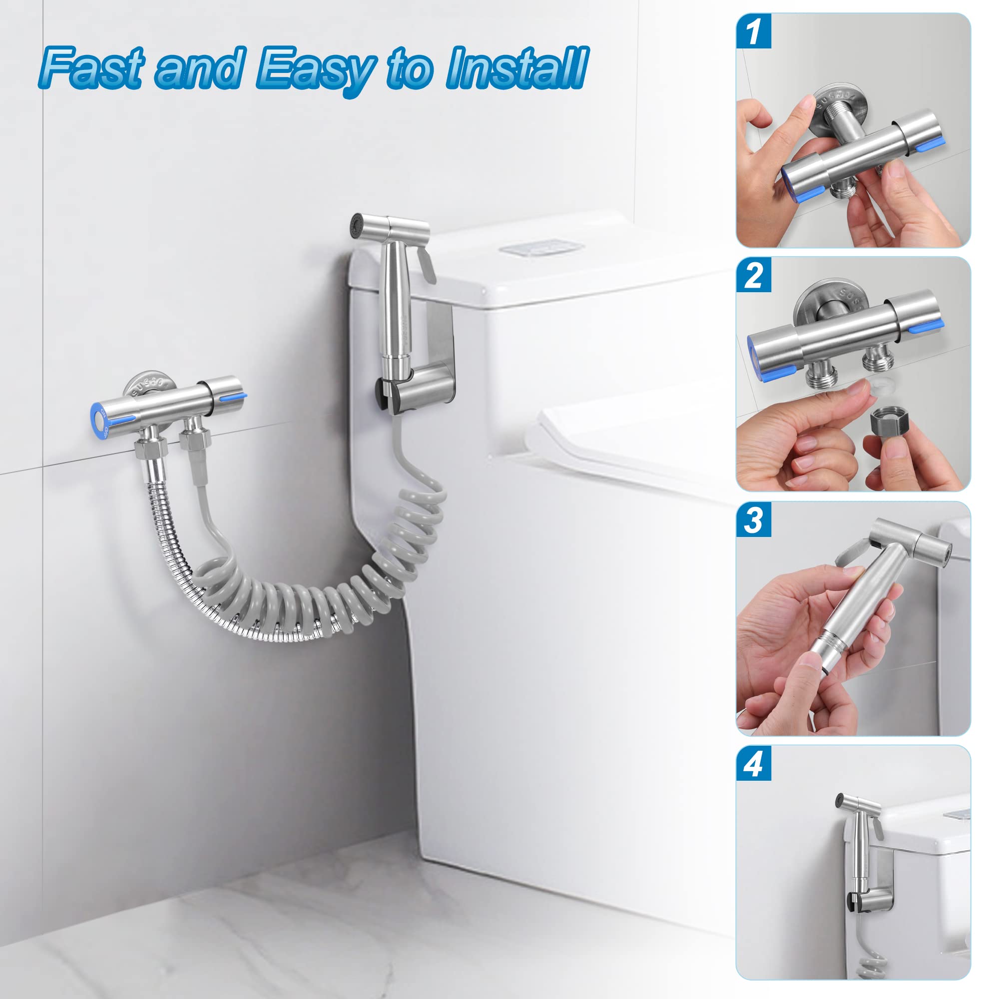 ACBungji Handheld Bidet Sprayer for Toilet Portable, Stainless Steel 5 Pcs Handheld Sprayer Kit Adjustable Water Pressure for Toilet Seat, Shower, Sink, Cloth Diaper Sprayer, Baby Pets Wash (Silver)