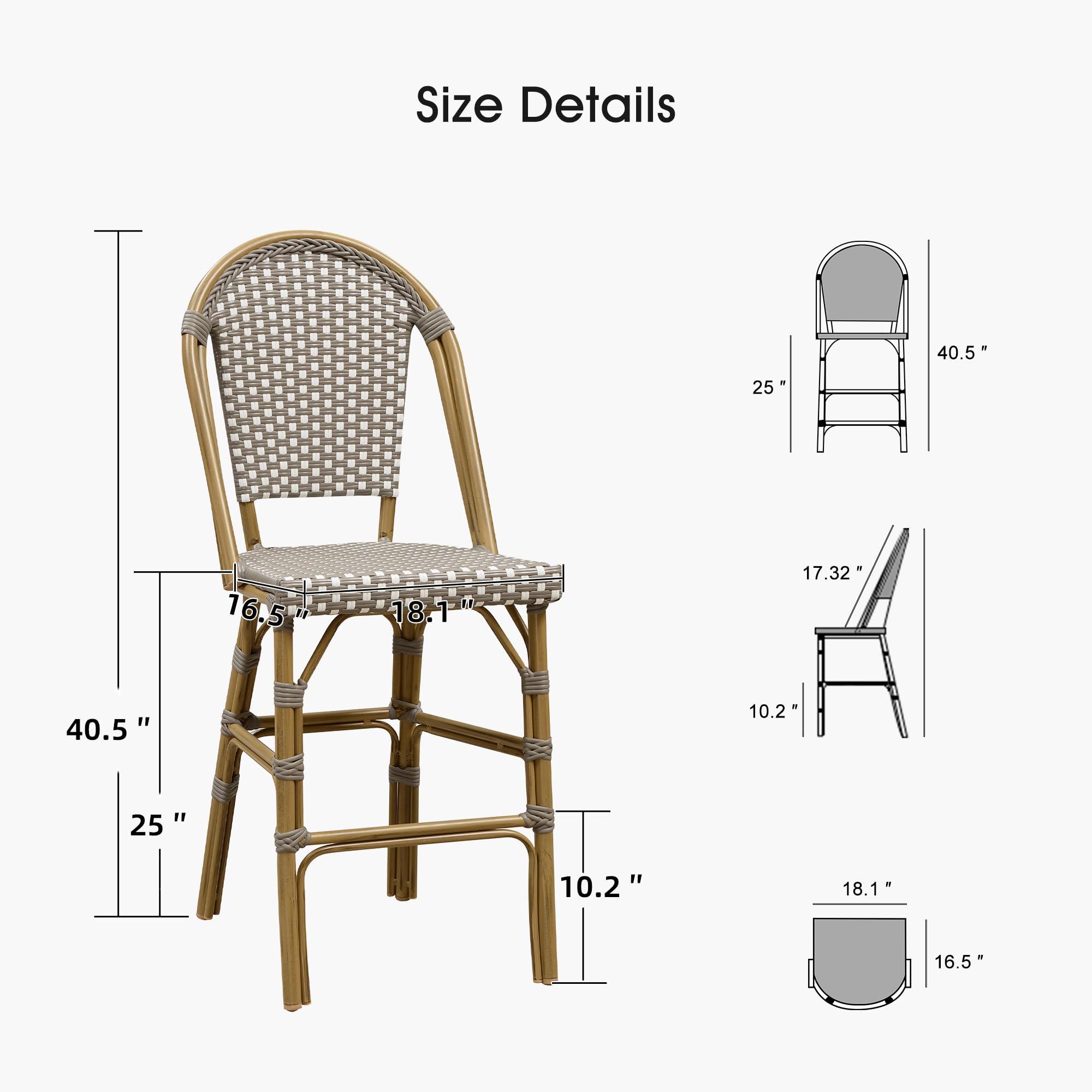 PURPLE LEAF French Counter Height Bar Stool Set of 2 25" Bamboo Print Finish Patio Bar Chairs with Back Rattan Bar Chairs French Bistro Set for Kitchen Outdoor Counter Stool Grey