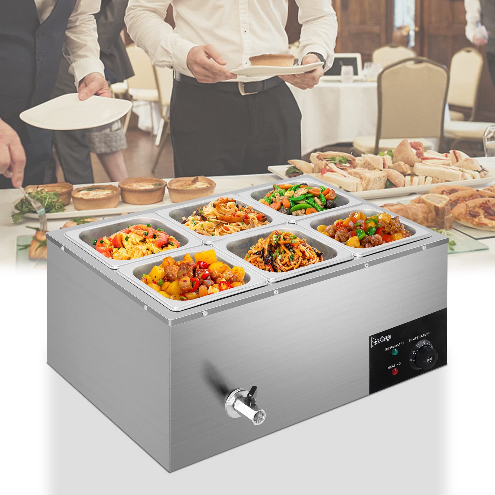 ROVSUN 21QT 6-Pan Electric Commercial Food Warmer, 110V Stainless Steel Bain Marie Buffet, 3.2 QT/Pan Stove Steam Table with Temperature Control & Lid for Parties, Catering, Restaurants