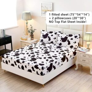 SDY 3PCS Milk Cow Print Stuff Bedding Fitted Sheet Set Queen Size, Cartoon Cow Pattern Fitted Sheet with Deep Pocket and 2 Pillowcases, Cute and Cozy, Kawaii Bed for Kids, Children, Boys, Girls, Teens