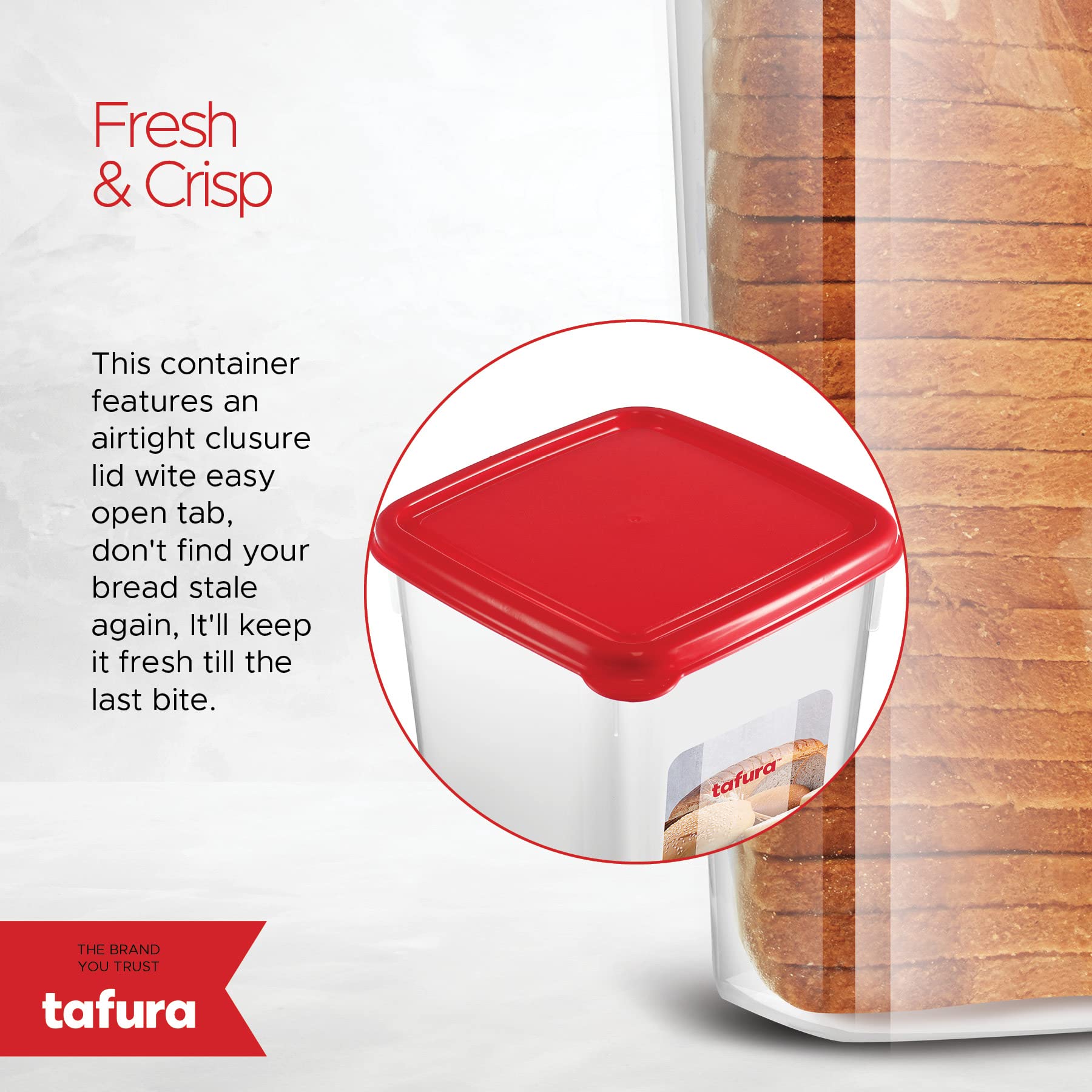 Tafura Bread Container | Bread Storage Container | Plastic Bread Box | Bread Loaf Keeper with Red Lid | Bread Saver Dispenser, BPA Free