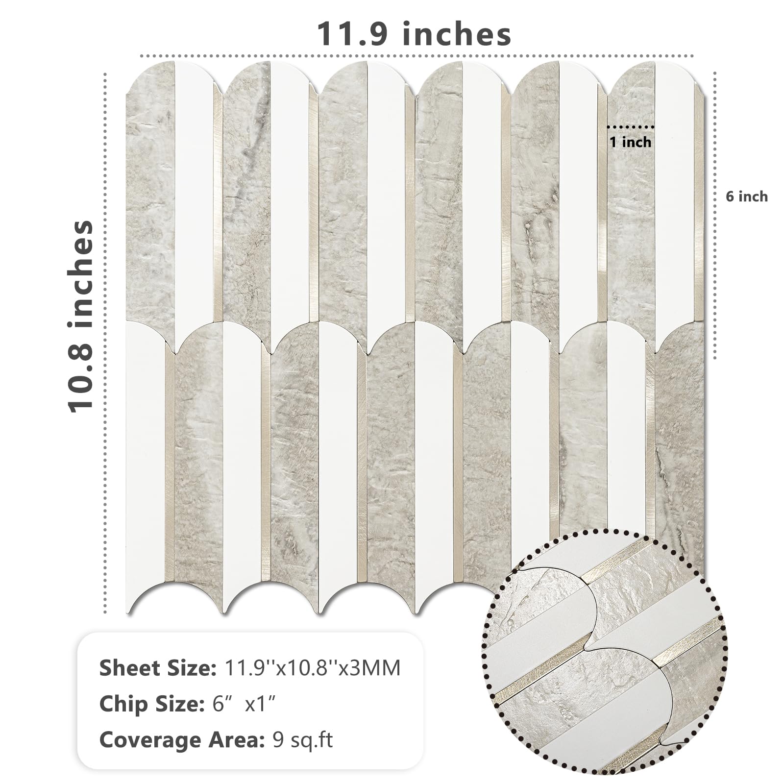 Vamos Peel and Stick Backsplash Seamless Tile for Kitchen and Bathroom,White and Beige Slate PVC Mixed Light Gold Self Adhesive Fish Scale Metal Mosaic Tiles (10 Sheets)