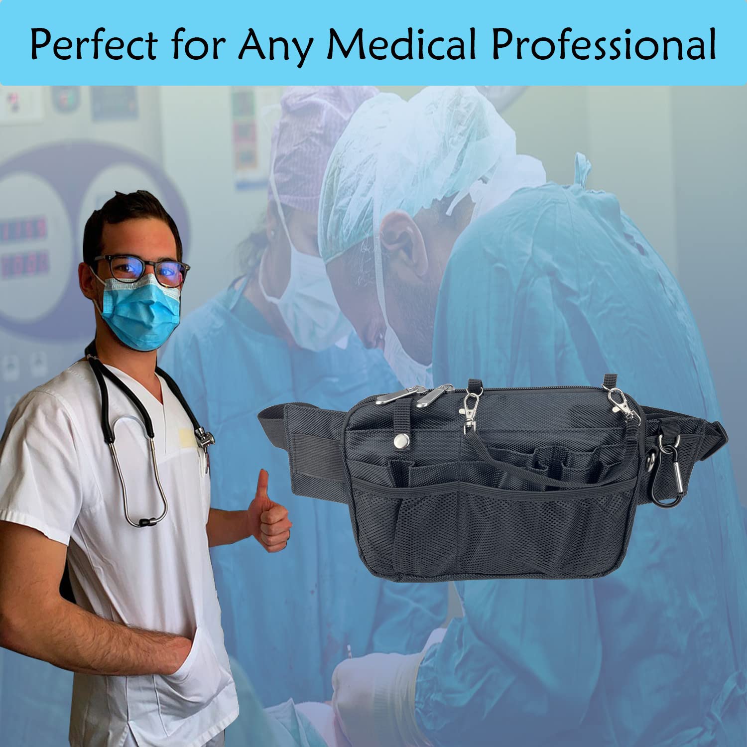 Oisinlas Nurse Fanny Pack with Multi-Compartment Medical Waist Bag with Tape and Stethoscope Holder Utility Storage for Medical Supplies for Student and Nurses (Black)