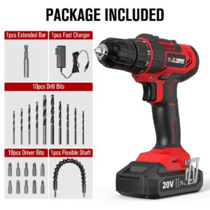 KEYFINOOL 20V MAX Lithium lon Cordless Drill Set, Power Drill Kit with Battery and Charger, 3/8-Inch Keyless Chuck, 18+1+1 Adjustable Torque