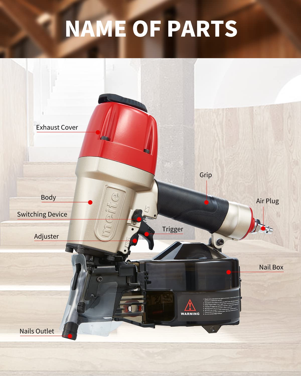 meite Siding Nail Gun, Pneumatic Coil Siding Nailer Professional Lightweight Air Coil Nail Gun with Safety Nose, Compatible with 1-1/2 Inch to 2-1/2 Inch Coil Siding Nails (CN65S)