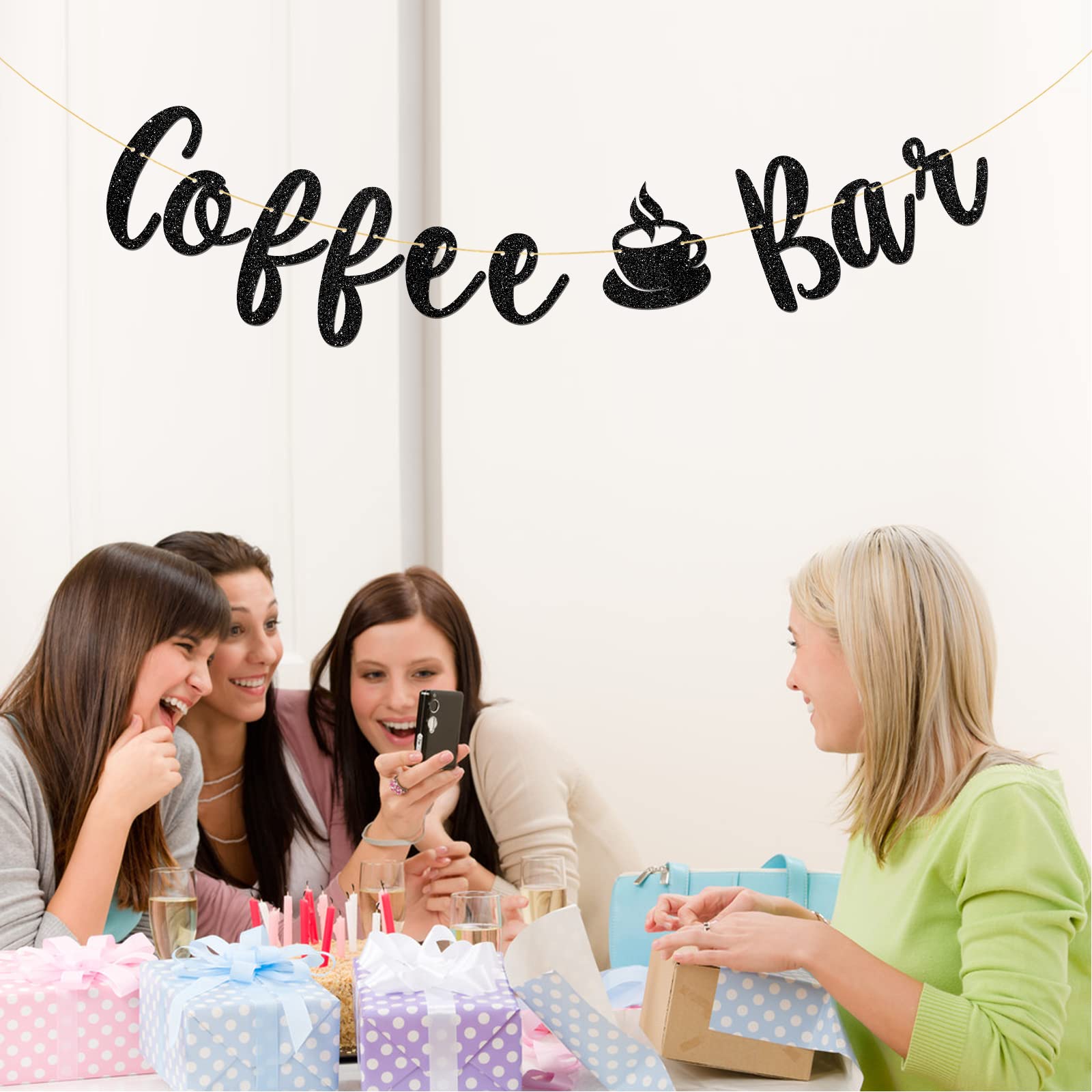 Talorine Coffee Bar Banner, Bridal Shower, Engagement, Wedding, Bar Party Decorations (Black Glitter)