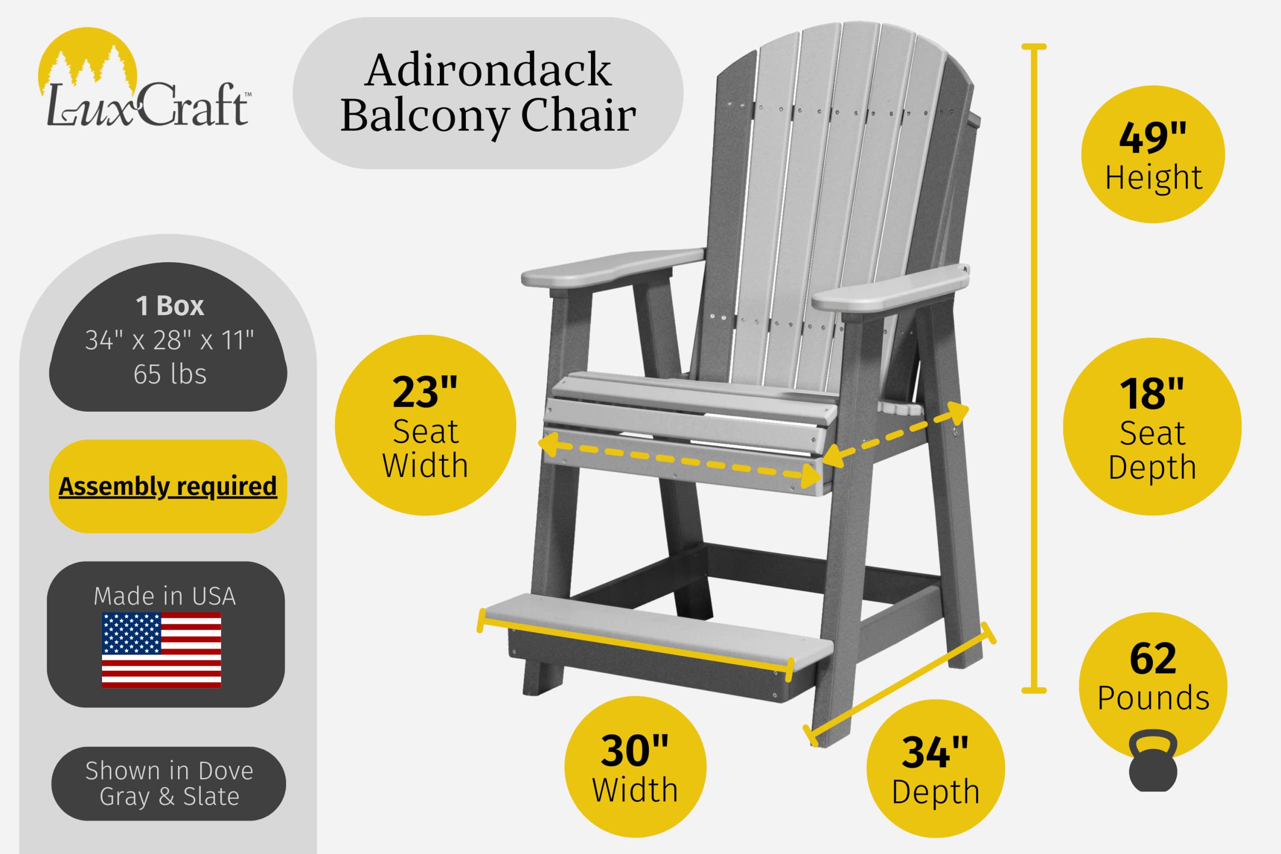 LuxCraft Plastic Poly Adirondack Balcony Chair with Built-in Footrest, Counter Height Outdoor Patio Dining Chair (Dove Gray & Slate)