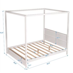 Queen Size Canopy Bed Frame, Solid Wood Queen Platform Bed with Headboard and Slat Support, Modern 4 Poster Panel Bed for Kids, Teens, Adults. No Box Spring Needed (Queen, White)