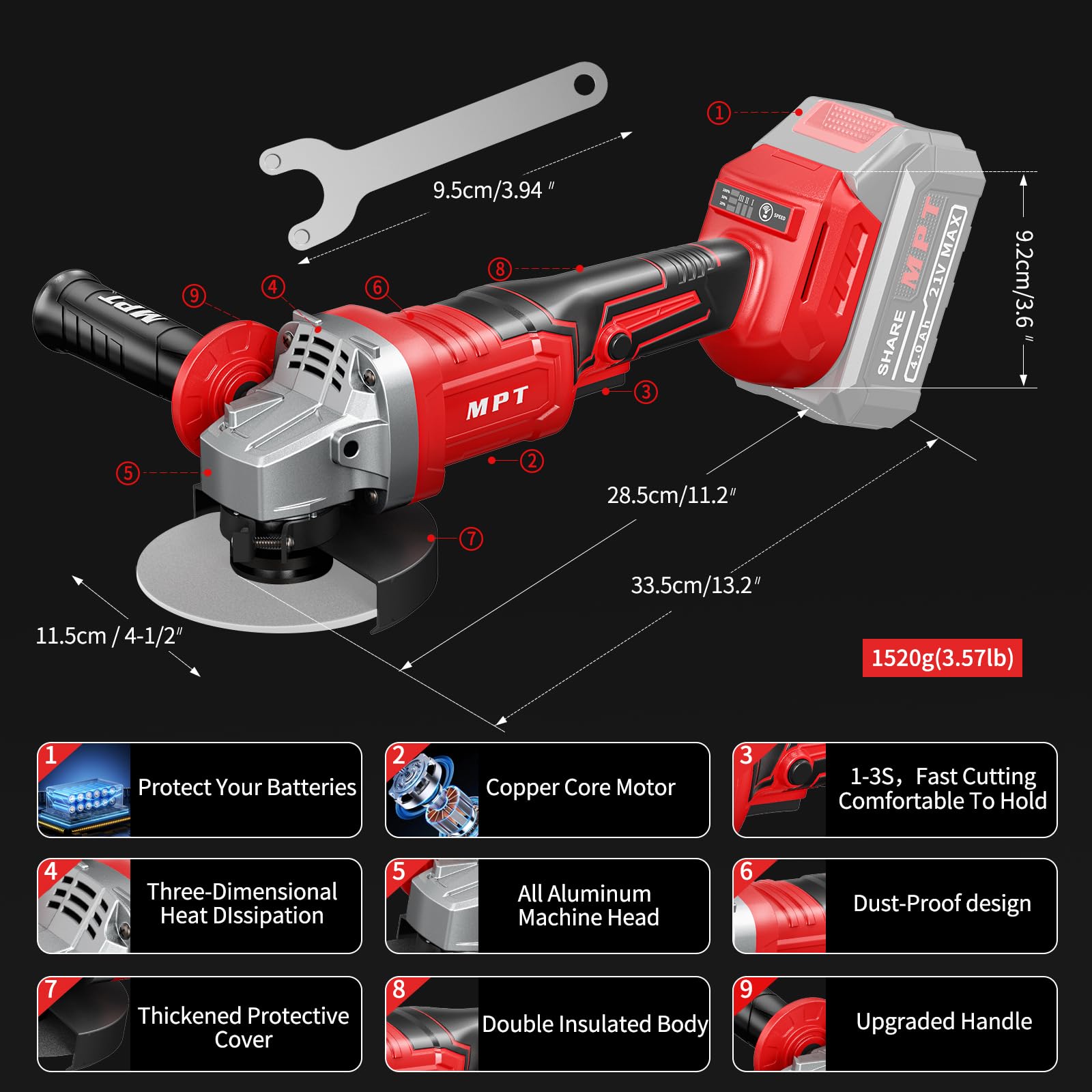 Cordless Grinder - MPT 21V Cordless Angle Grinder with 4.0Ah Li-Ion Battery & Charger, 4-1/2 Inch Blade, Powerful Brushless Motor, Battery Grinder Tool for Metal Wood with Auxiliary Handle