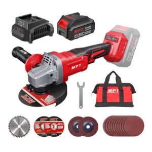 cordless grinder - mpt 21v cordless angle grinder with 4.0ah li-ion battery & charger, 4-1/2 inch blade, powerful brushless motor, battery grinder tool for metal wood with auxiliary handle