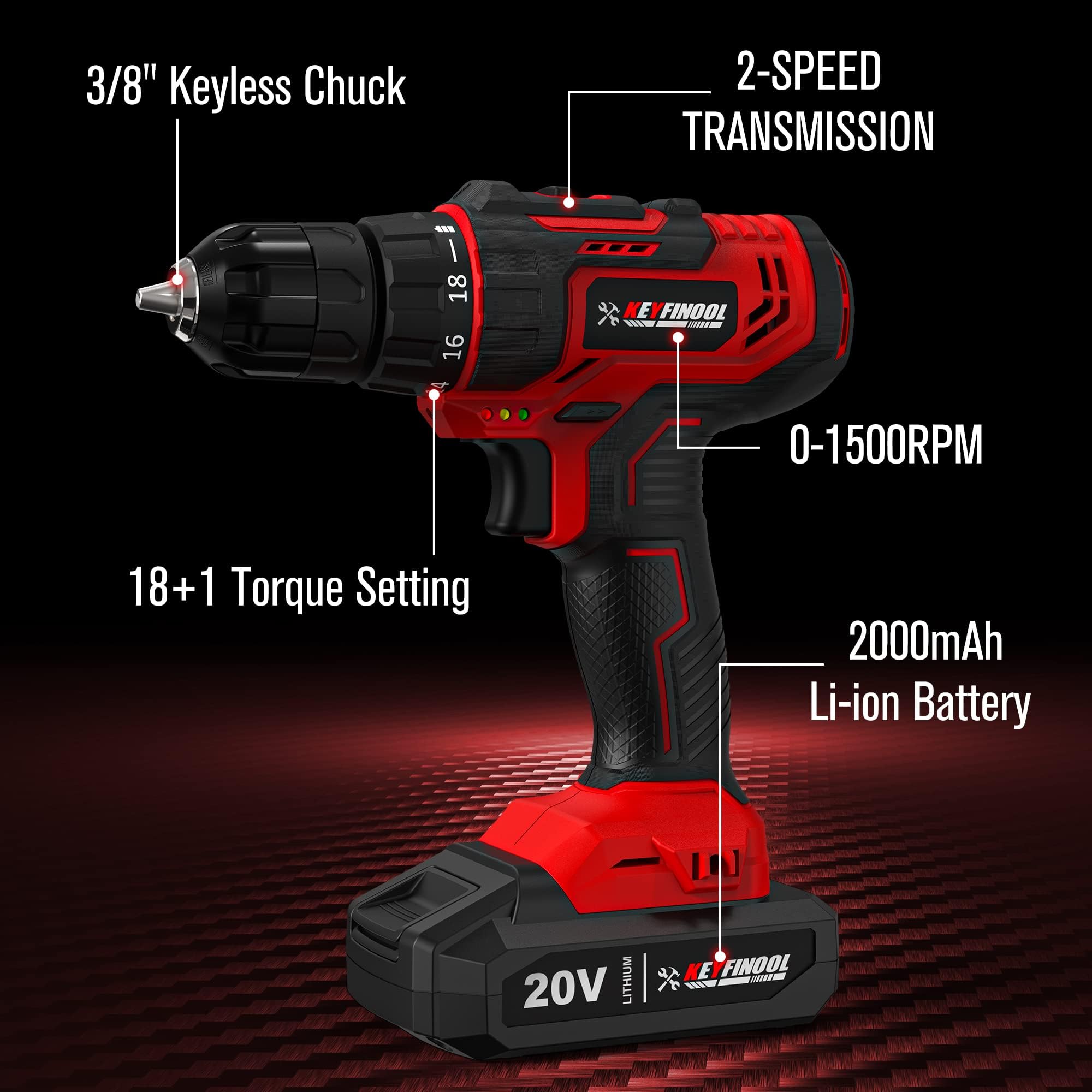 KEYFINOOL 20V MAX Lithium lon Cordless Drill Set, Power Drill Kit with Battery and Charger, 3/8-Inch Keyless Chuck, 18+1+1 Adjustable Torque