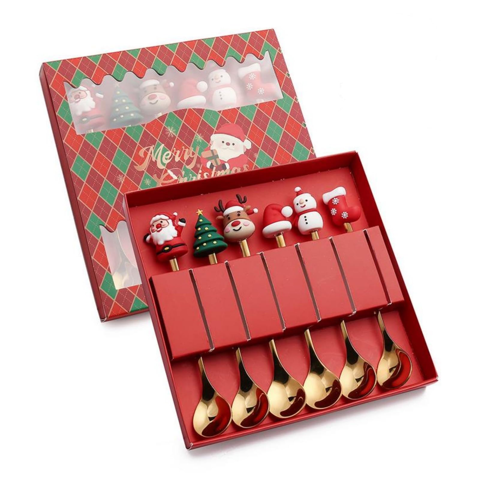 Christmas Spoon Stainless Steel Christmas Tree Tea Spoon for Home, Xmas Coffee Spoon Dinner Forks Dessert Spoon Stirring Spoon Ice Cream Spoon Creative Tableware Gift, Holiday Party Supply (6pcs-B)