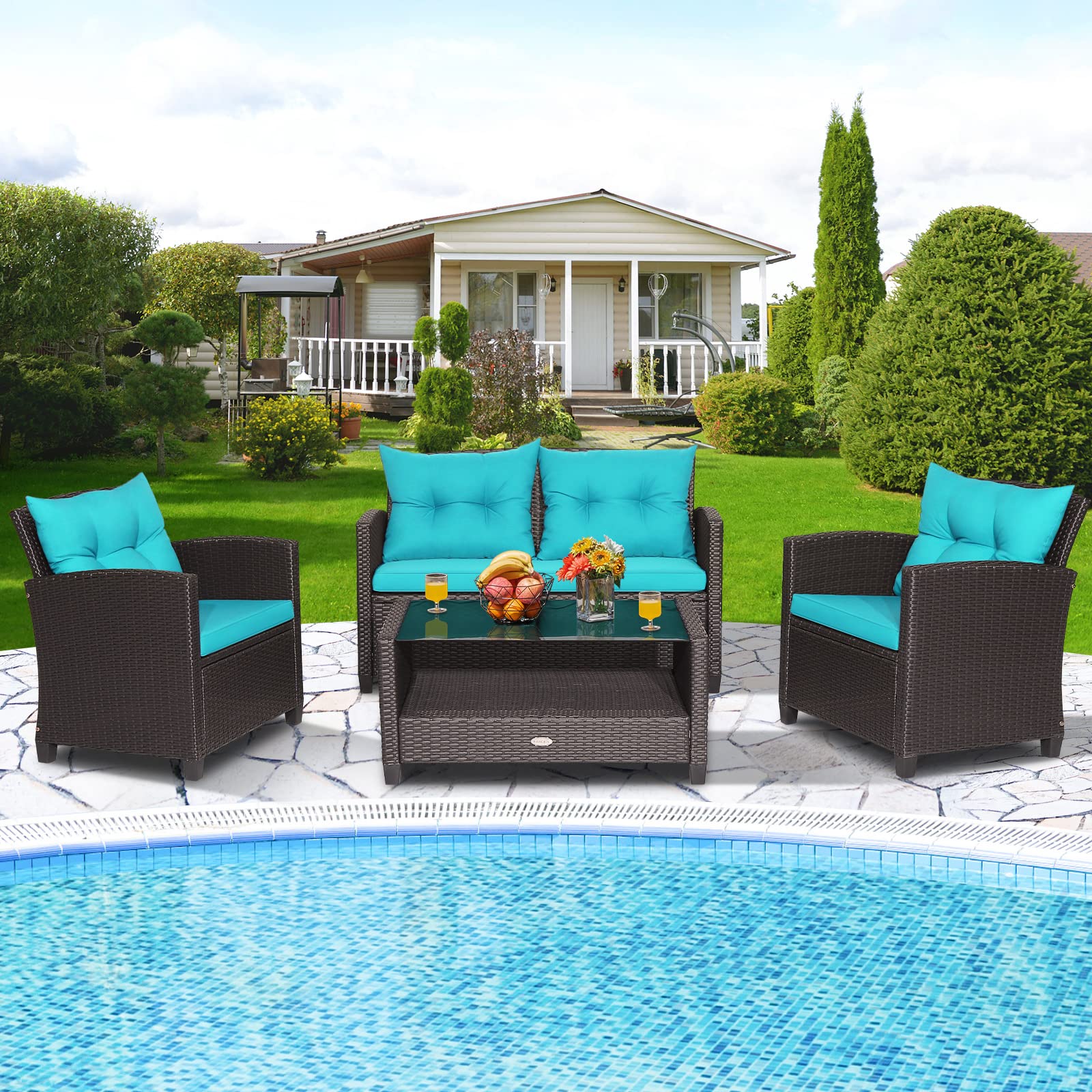 Tangkula 4-Piece Patio Furniture Set, Rattan Wicker Chair Set with 1 Loveseat, 2 Single Sofas, 1 Coffee Table with Tempered Glass Top, Outdoor Furniture Sets for Backyard, Porch, Garden and Poolside