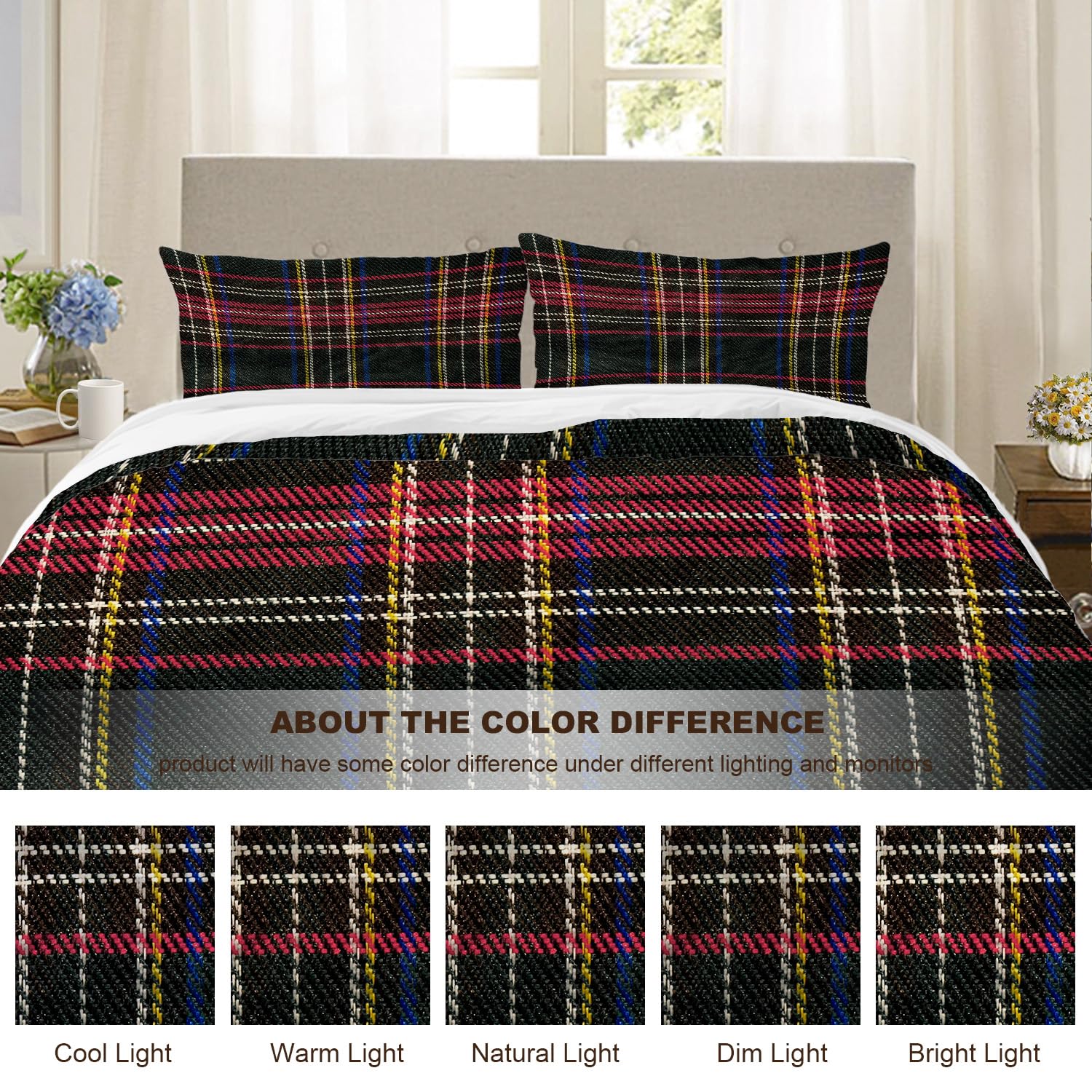 BaoNews Red Scottish Plaid Duvet Cover Set Queen Size,3 Pieces Retro Green Tartan Traditional Christmas Bedding Set Hotel Quality PolyesterComforter Cover Set with 2 Pillowcases(No Filler)