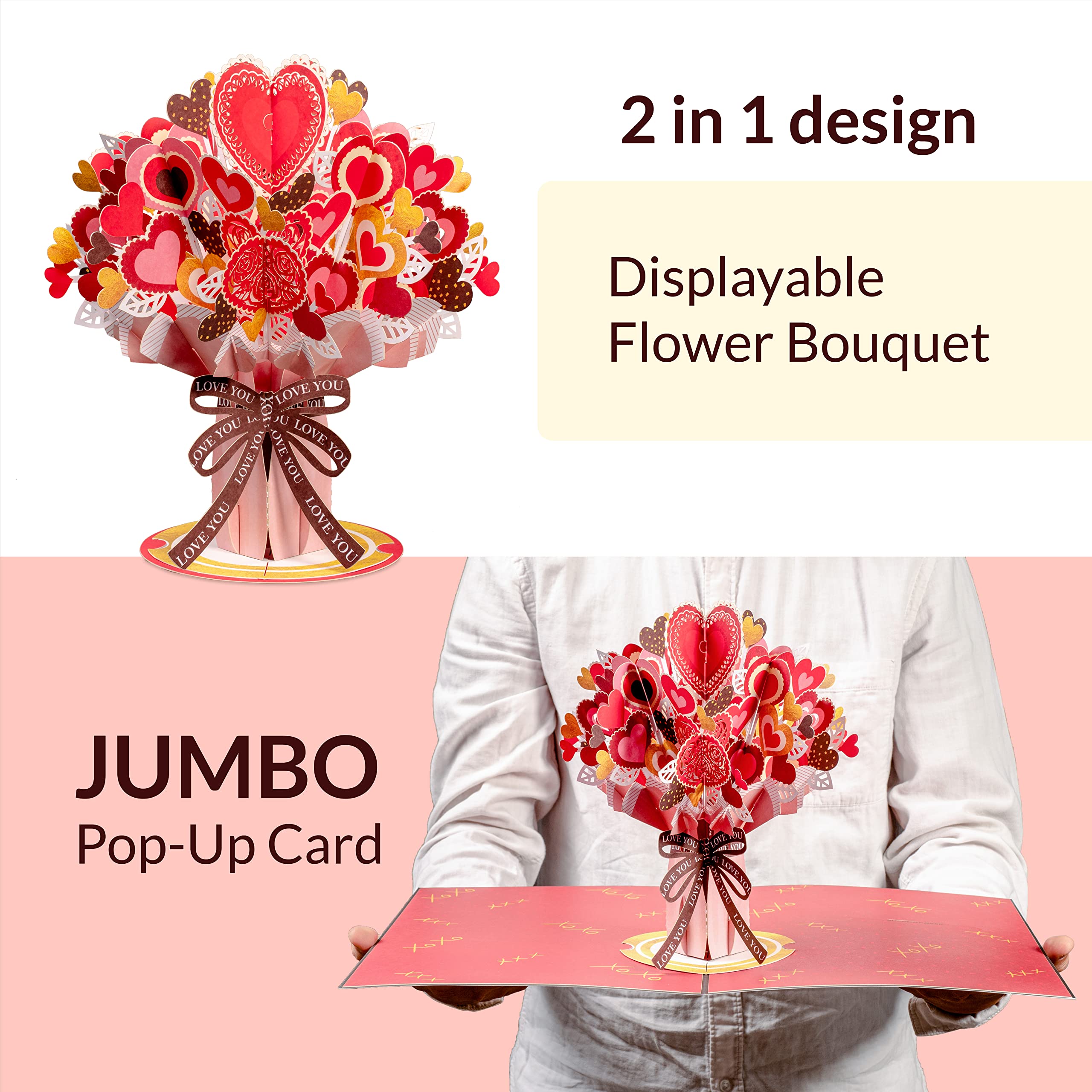 Paper Love HugePop 3D Heart Bouquet Pop Up Card, with Detachable Paper Flower Bouquet, Gift for Birthday, Valentines Day, Anniversary, Thank You, All Occasion - Jumbo 10" x 14" Cards - Includes Envelope and Note