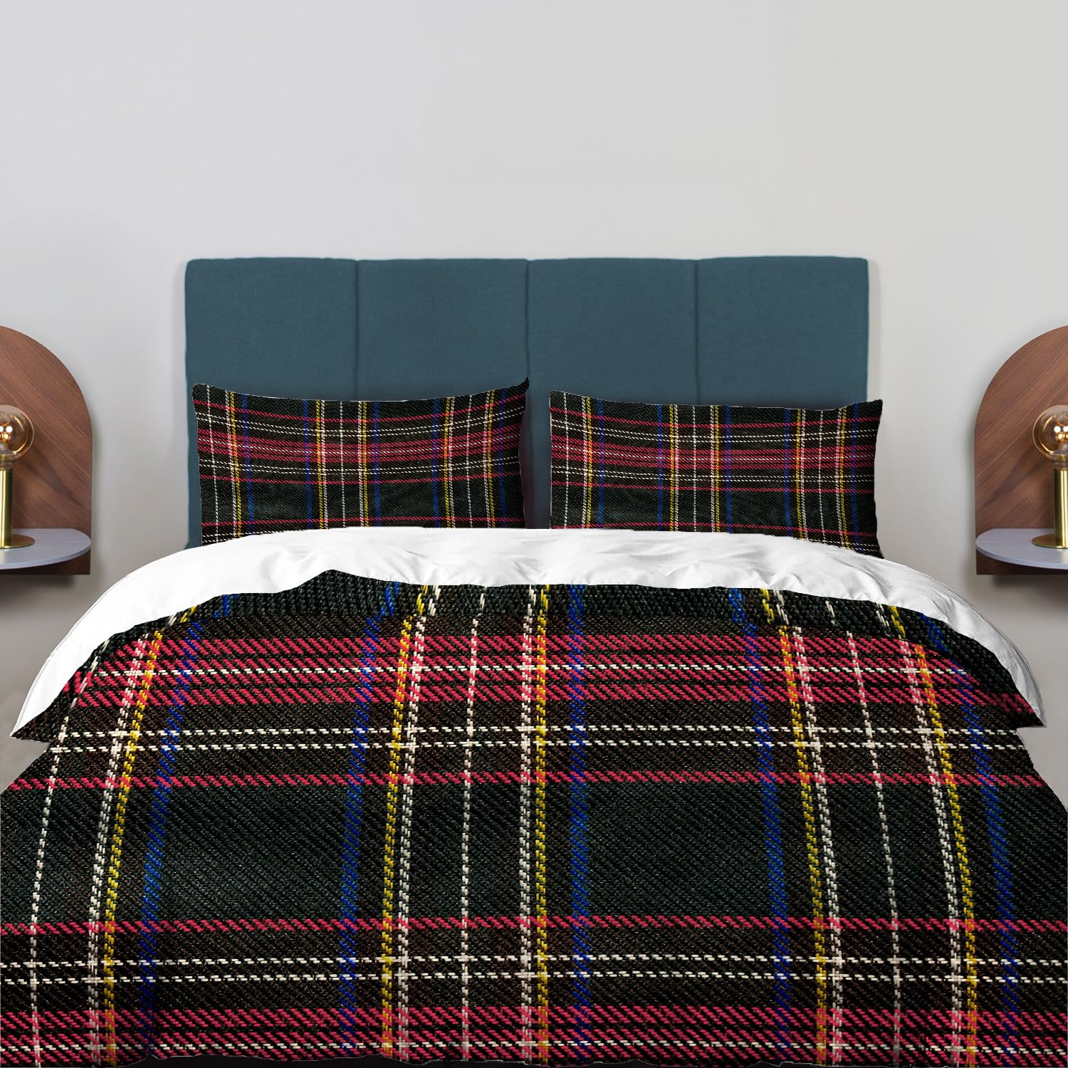 BaoNews Red Scottish Plaid Duvet Cover Set Queen Size,3 Pieces Retro Green Tartan Traditional Christmas Bedding Set Hotel Quality PolyesterComforter Cover Set with 2 Pillowcases(No Filler)