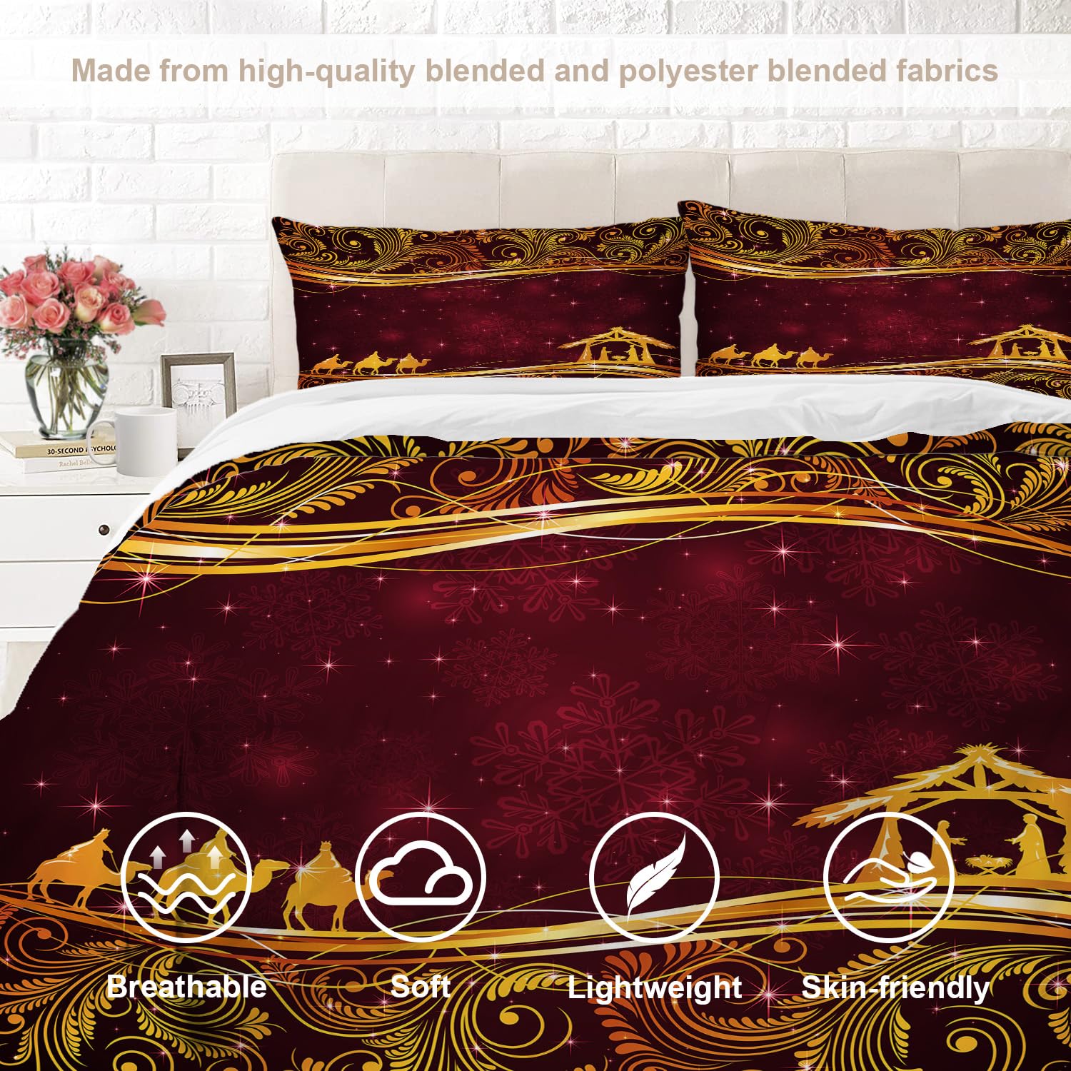 BaoNews Christmas Wise Men Duvet Cover Set Queen Size,3 Pieces Golden Star of Bethlehem Golden Floral Bedding Set Hotel Quality 100% Cotton Comforter Cover Set with 2 Pillowcases(No Filler)