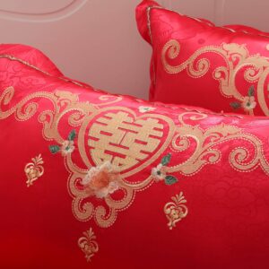 I-MART King Size Chinese Wedding Red Bedding Set, Asian Bedding with Dragon and Phoenix Bird Embroidery Duvet Cover Set of 4