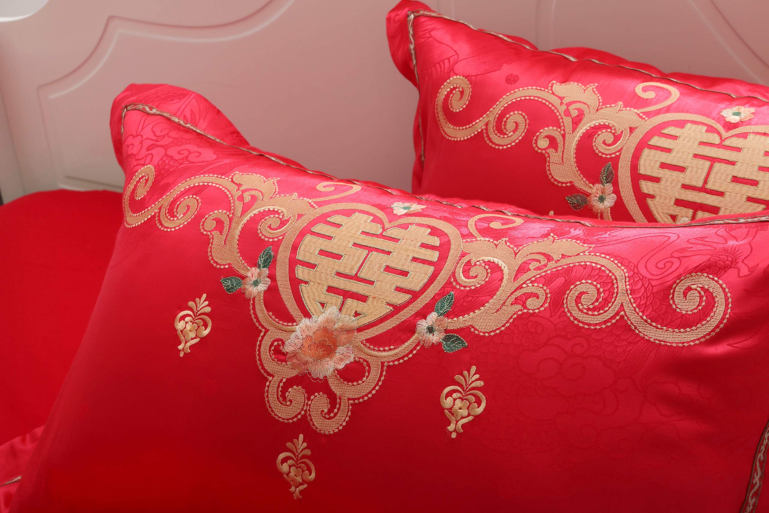 I-MART King Size Chinese Wedding Red Bedding Set, Asian Bedding with Dragon and Phoenix Bird Embroidery Duvet Cover Set of 4