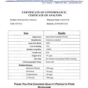 Methylene Blue, 1% USP (Pharmaceutical) Grade, 8 fl oz Glass; 3rd Party Tested