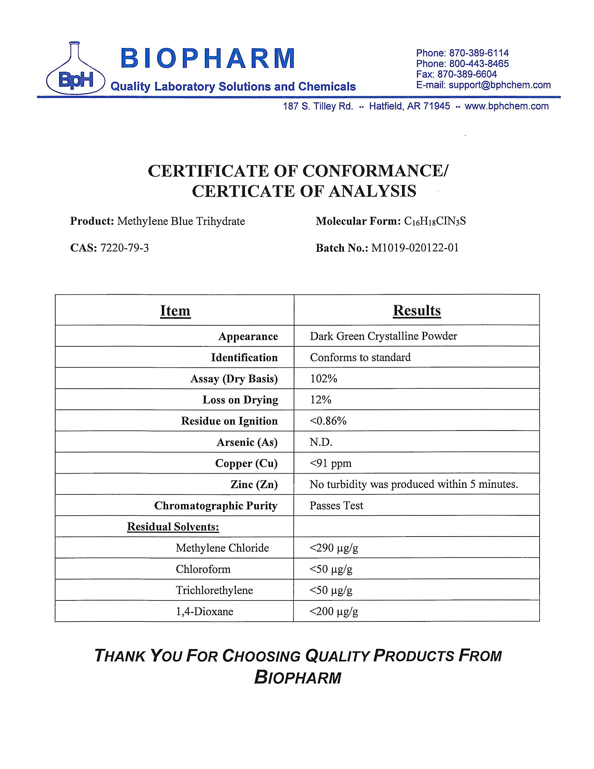 Methylene Blue, 1% USP (Pharmaceutical) Grade, 8 fl oz Glass; 3rd Party Tested