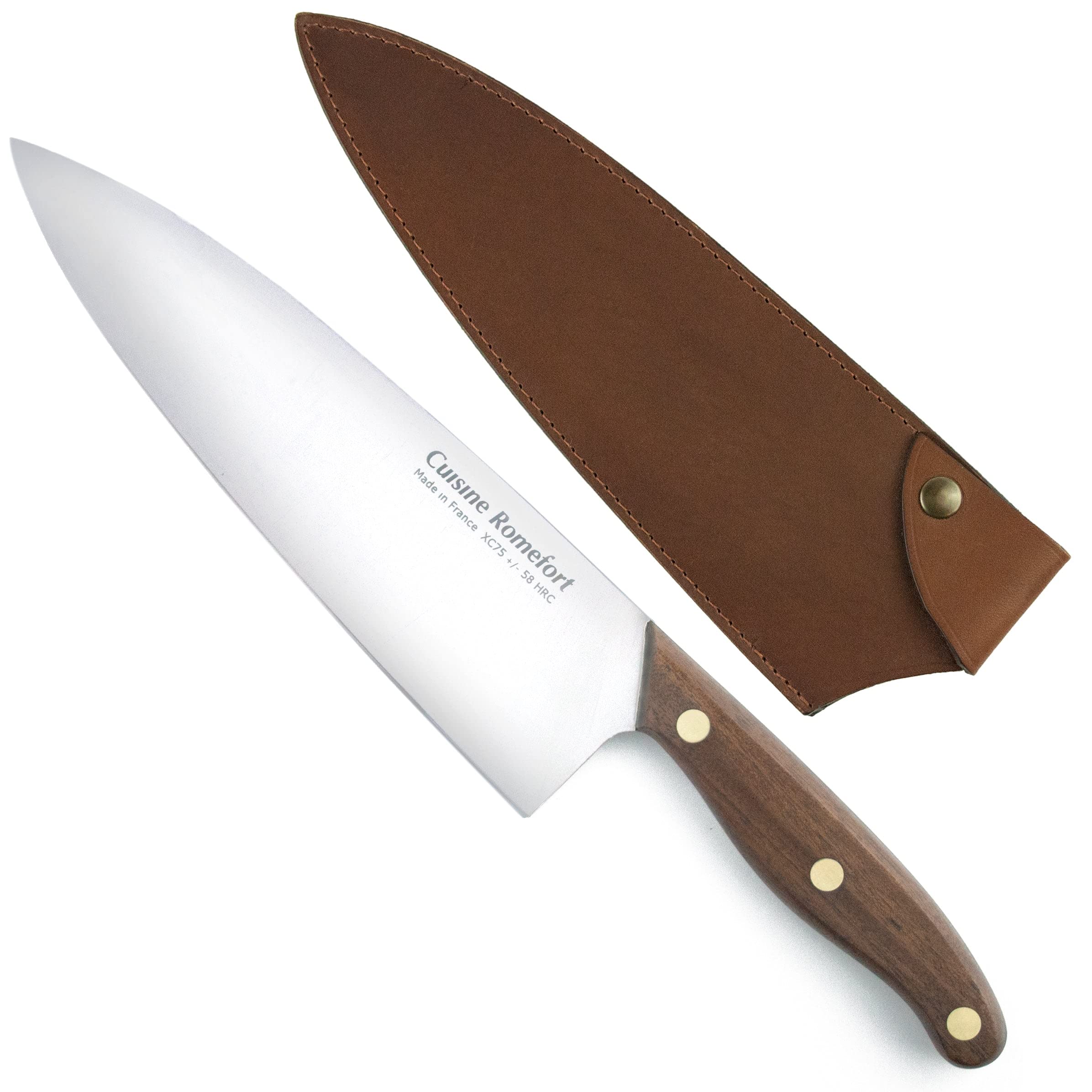 Cuisine Romefort | Sharp Carbon Steel Chef's Knife XC75, 8.7 in blade, with Leather sheath | chef knives with wooden handle | kitchen knife hardened with 58 Rockwell