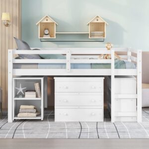 Harper & Bright Designs Low Loft Bed with Desk Underneath Wooden Full Size Kids Loft Bed with Storage Cabinet & Bookshelf,Full Loft Bed Frame for Girls Boys (Full, White)