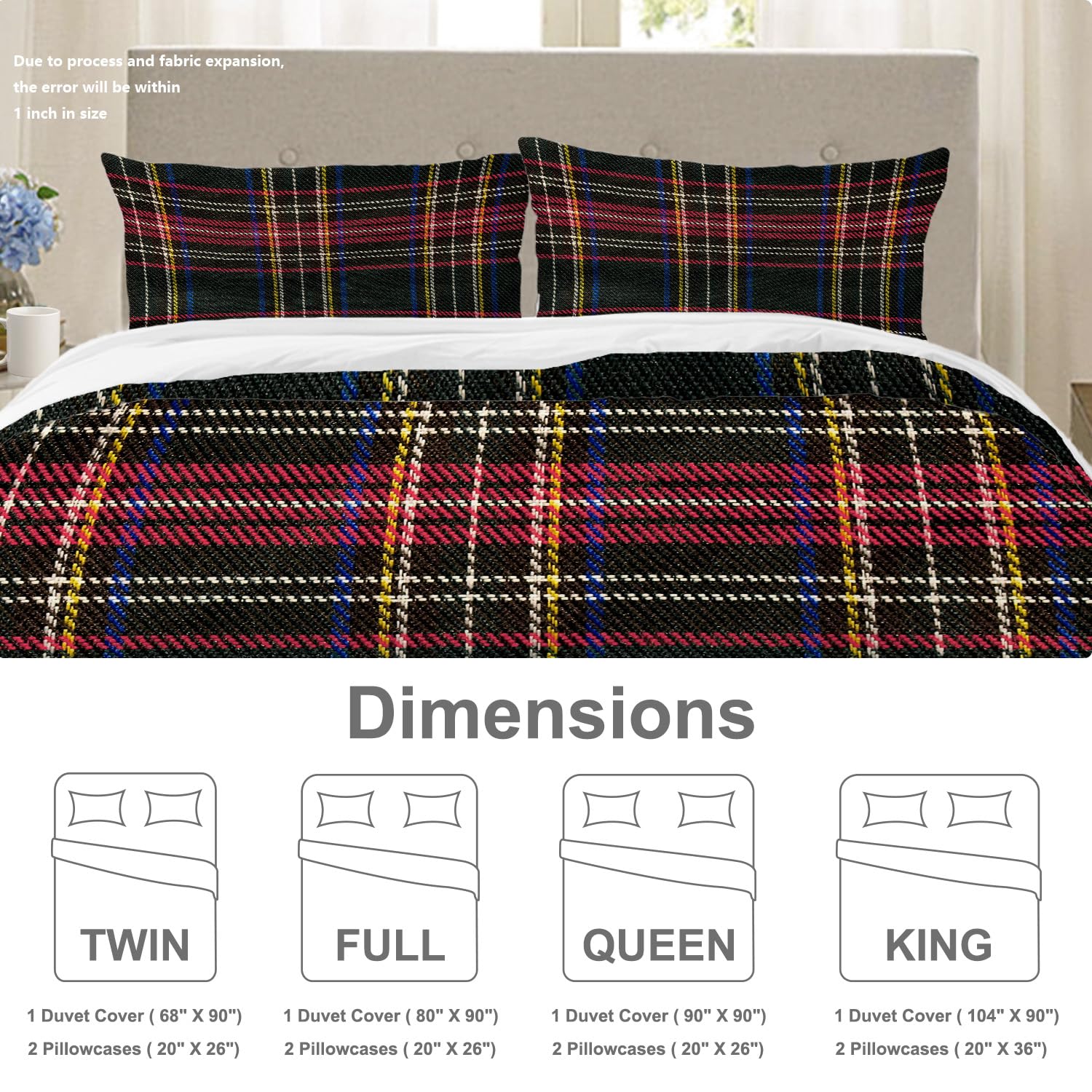 BaoNews Red Scottish Plaid Duvet Cover Set Queen Size,3 Pieces Retro Green Tartan Traditional Christmas Bedding Set Hotel Quality PolyesterComforter Cover Set with 2 Pillowcases(No Filler)