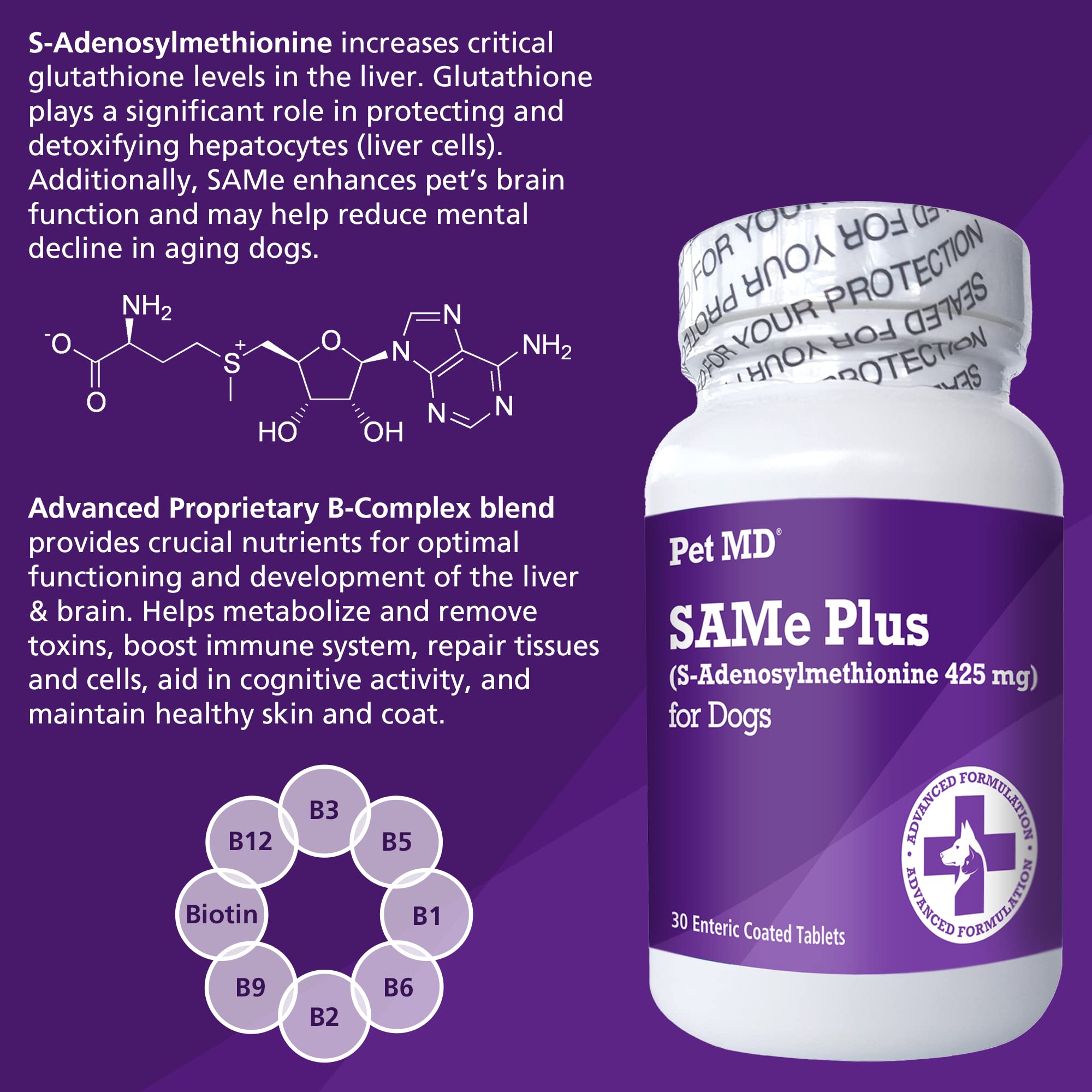 Pet MD Same Plus Liver Support for Dogs - Canine Hepatic Support & Brain Health Supplement - B Vitamins & Same for Dogs - Enteric Coated Tablets - 425mg - 30 ct