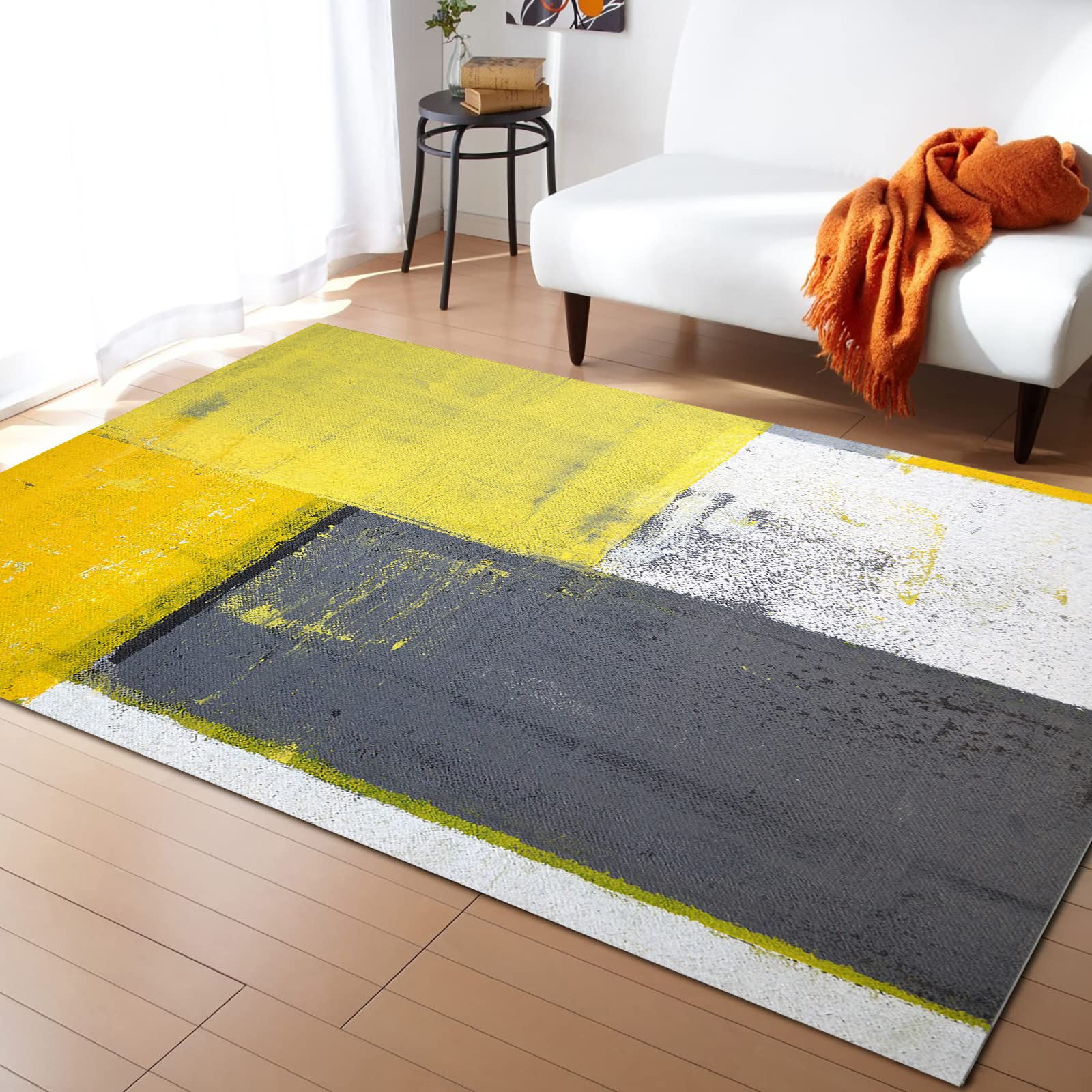 KITHOME Non-Slip Area Rug Abstract Geometric Yellow Gray White Oil Painting Printed Rugs, Rubber Backing Floor Mats Absorbent Indoor Area Rug Carpet for Living Room Indoor 3'x2'