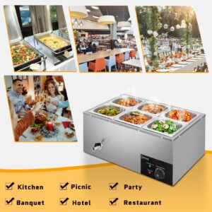 ROVSUN 21QT 6-Pan Electric Commercial Food Warmer, 110V Stainless Steel Bain Marie Buffet, 3.2 QT/Pan Stove Steam Table with Temperature Control & Lid for Parties, Catering, Restaurants