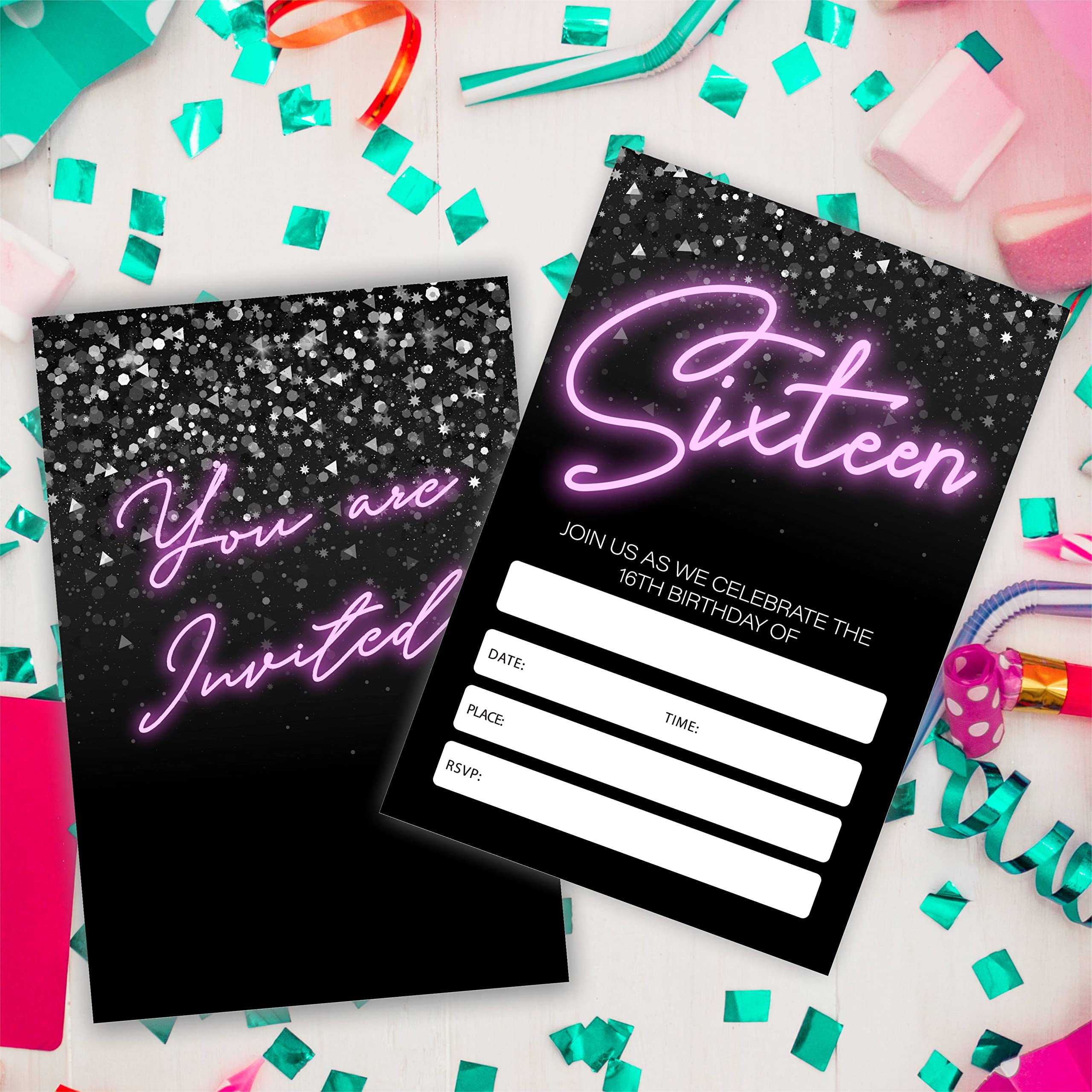 Neon 16th Birthday Invitations, Glow Theme Birthday Party Invites Decorations, Kids Adults Birthday Party and Events Supplies, 20 Fill-in Invites Cards with Matching Envelopes（YQK-023）