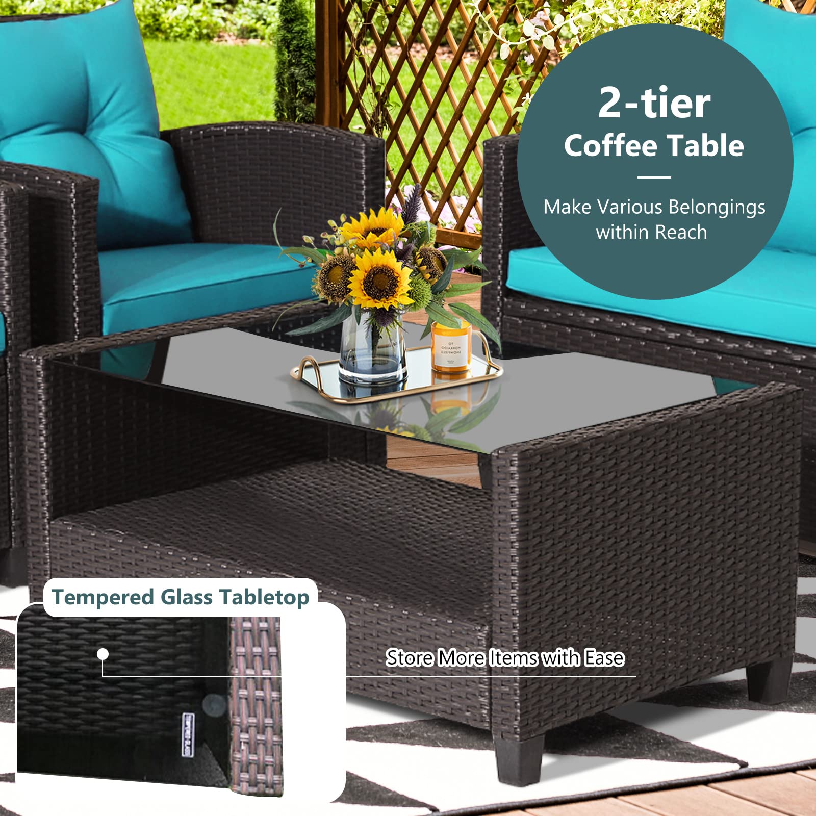 Tangkula 4-Piece Patio Furniture Set, Rattan Wicker Chair Set with 1 Loveseat, 2 Single Sofas, 1 Coffee Table with Tempered Glass Top, Outdoor Furniture Sets for Backyard, Porch, Garden and Poolside