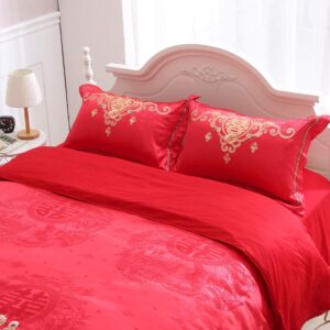 I-MART King Size Chinese Wedding Red Bedding Set, Asian Bedding with Dragon and Phoenix Bird Embroidery Duvet Cover Set of 4