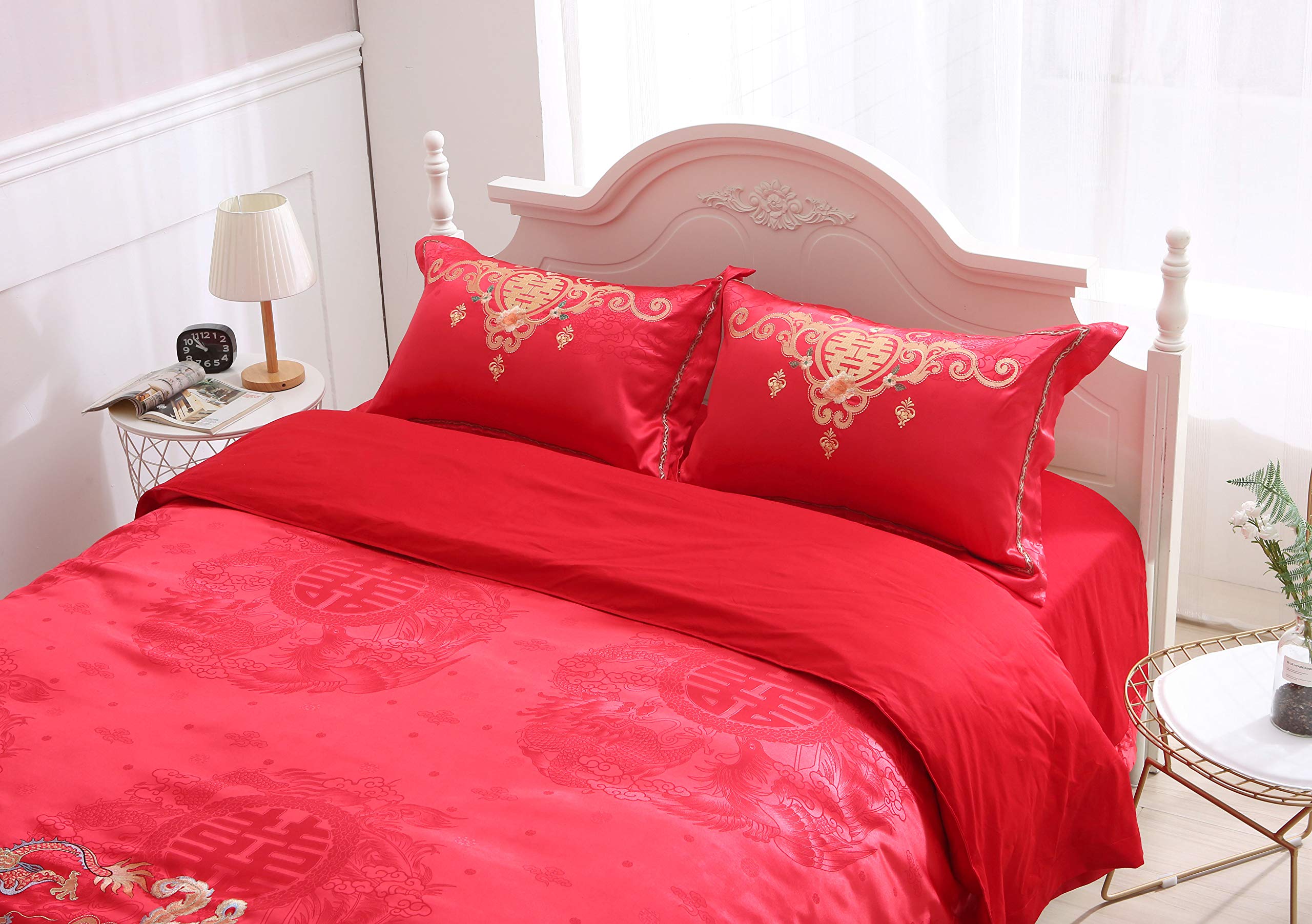 I-MART King Size Chinese Wedding Red Bedding Set, Asian Bedding with Dragon and Phoenix Bird Embroidery Duvet Cover Set of 4