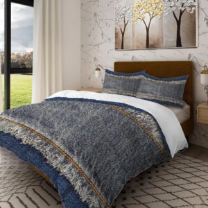 batmerry blue fringe orange queen size 3 pieces bedding comforter cover sets,soft fluffy denim torn worn blue jeans pattern printed duvet cover for all season