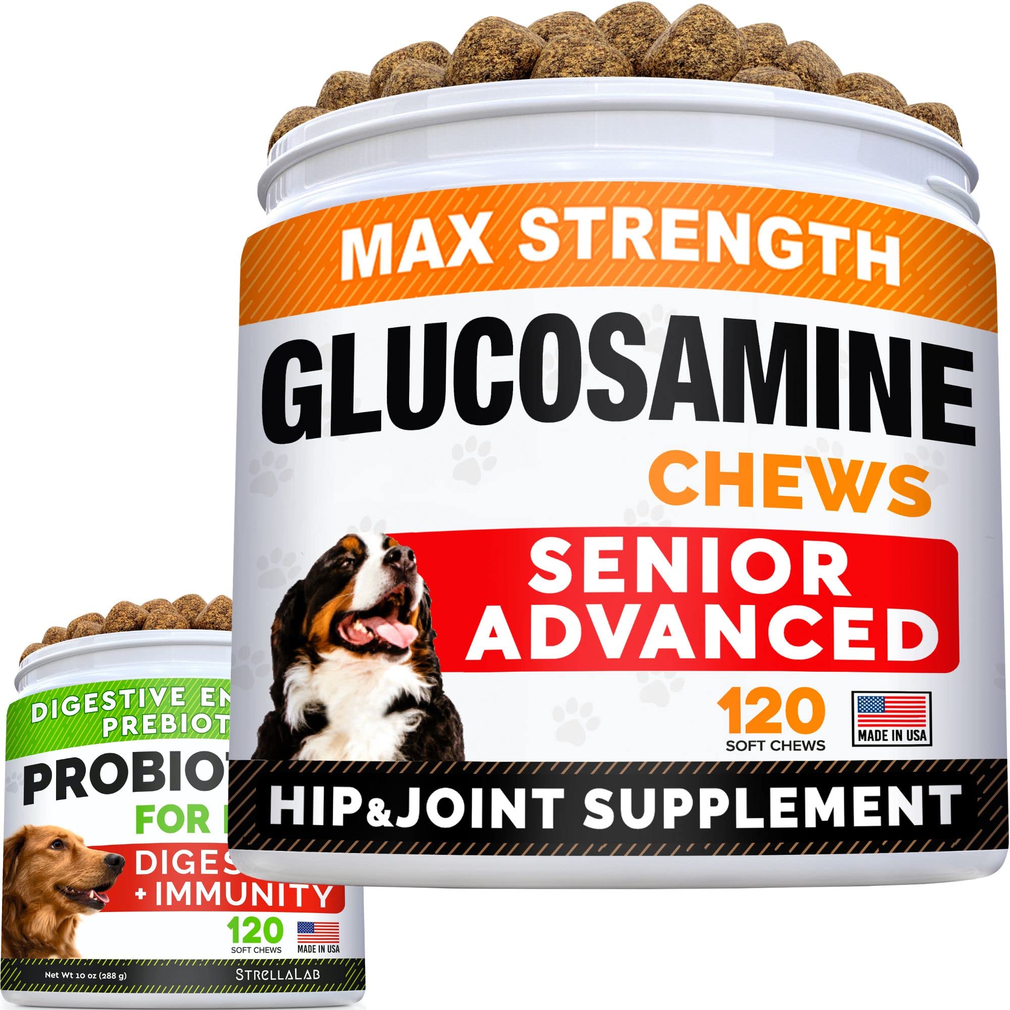 Senior Advanced Glucosamine Joint Supplement + Probiotics for Picky Eaters Bundle - Hip & Joint Pain Relief + Allergy, Diarrhea - Digestive Enzymes, Prebiotics + Omega-3, Chondroitin, MSM - 240 Chews