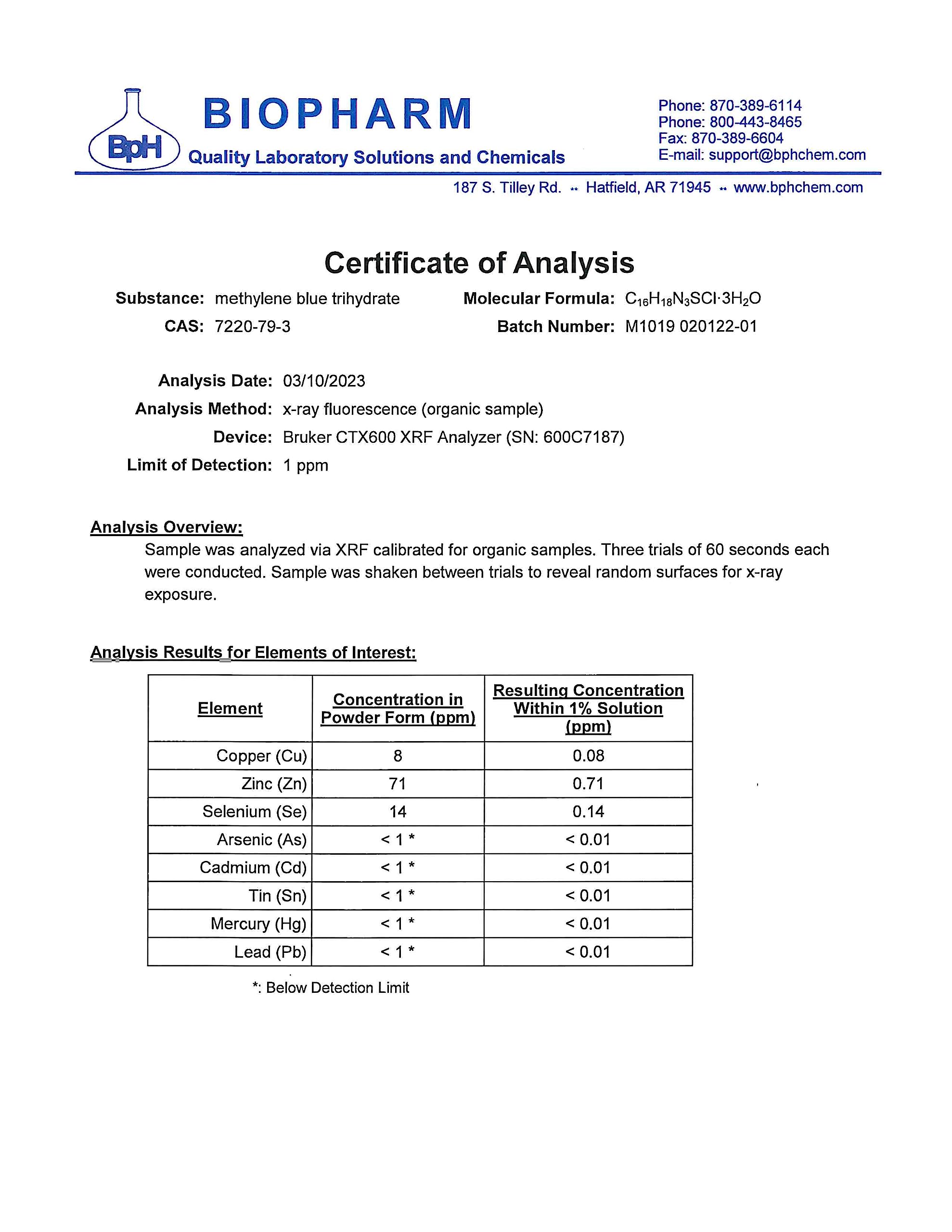 Methylene Blue, 1% USP (Pharmaceutical) Grade, 8 fl oz Glass; 3rd Party Tested