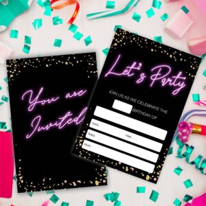 Neon Birthday Invitations, Glow Theme Birthday Party Invites Decorations, Kids Adults Birthday Party and Events Supplies, 20 Fill-in Invites Cards with Matching Envelopes（YQK-024）